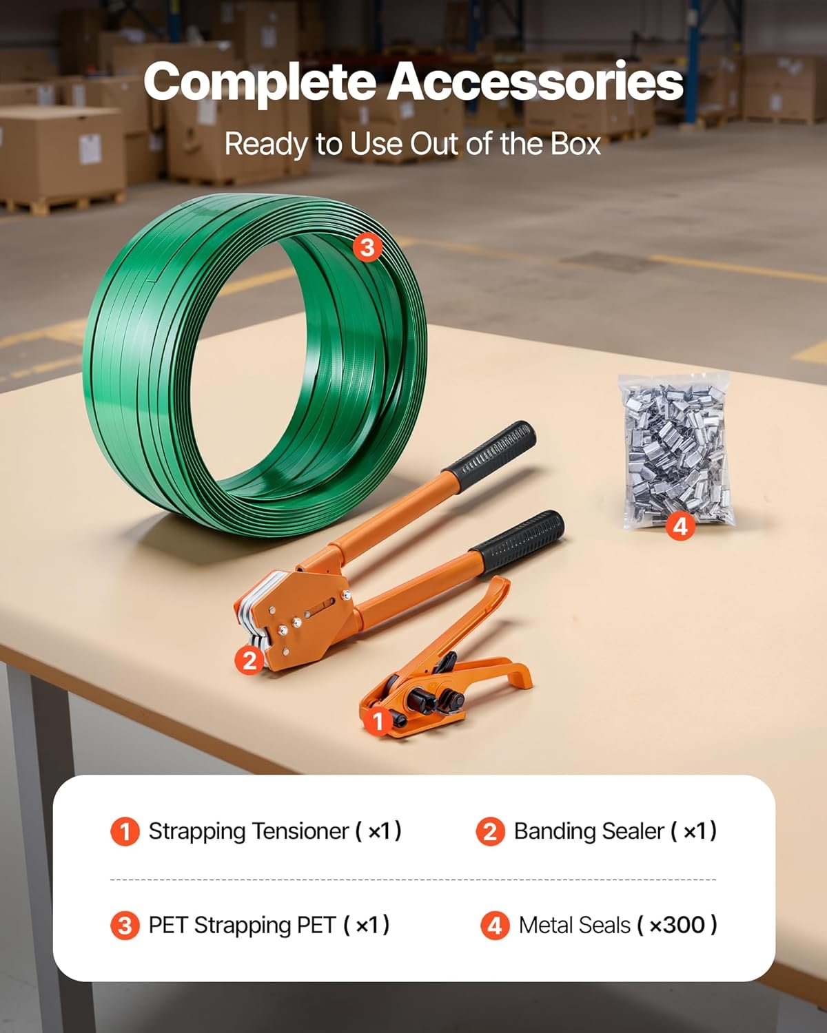 image:imageVEVOR Banding Strapping Kit Heavy Duty Banding Sealer Tool with 2000 ft PET Band 600 Metal Seals 200 Corner Protectors Plastic Pallet Packaging Strapping Kit for Warehouse Transportation Home58 in x 1000 ft