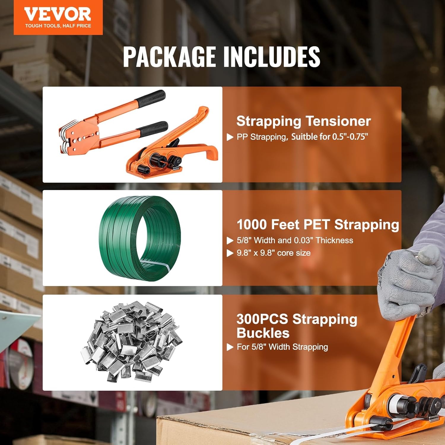 image:imageVEVOR Banding Strapping Kit Heavy Duty Banding Sealer Tool with 2000 ft PET Band 600 Metal Seals 200 Corner Protectors Plastic Pallet Packaging Strapping Kit for Warehouse Transportation HomePET 58x999 4PC Set