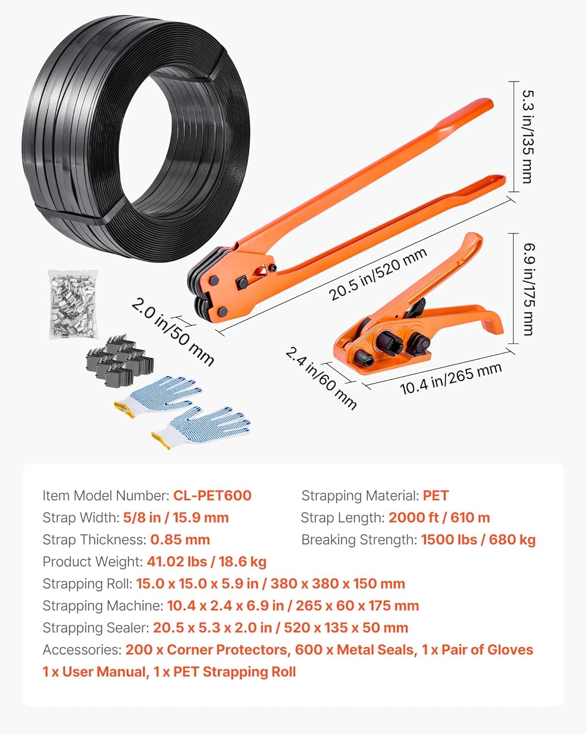 image:imageVEVOR Banding Strapping Kit Heavy Duty Banding Sealer Tool with 2000 ft PET Band 600 Metal Seals 200 Corner Protectors Plastic Pallet Packaging Strapping Kit for Warehouse Transportation HomePET 58x2000 6PC Set