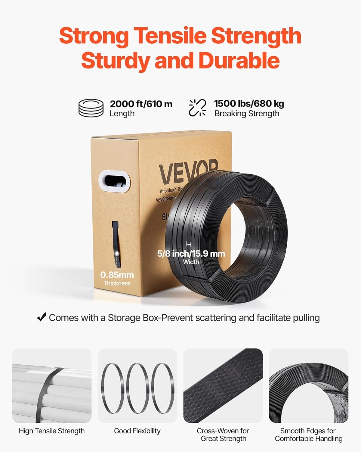 image:imageVEVOR Banding Strapping Kit Heavy Duty Banding Sealer Tool with 2000 ft PET Band 600 Metal Seals 200 Corner Protectors Plastic Pallet Packaging Strapping Kit for Warehouse Transportation HomePET 58x2000 6PC Set