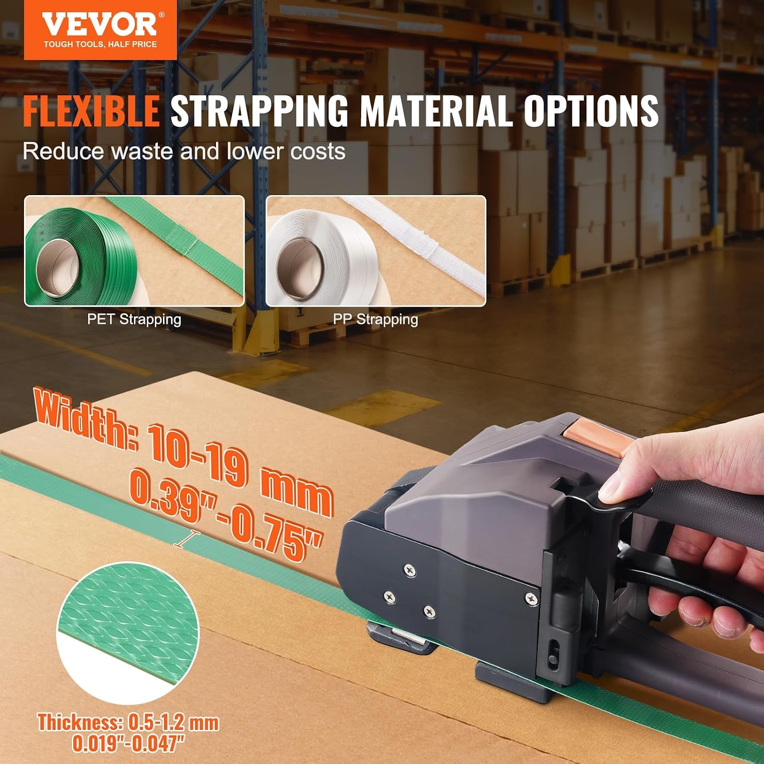 image:imageVEVOR Banding Strapping Kit Heavy Duty Banding Sealer Tool with 3200 ft Length PP Band 1000 Metal Seals 50 Corner Protectors Plastic Pallet Packaging Strapping Kit for WarehouseShippingMovingPET 5000N
