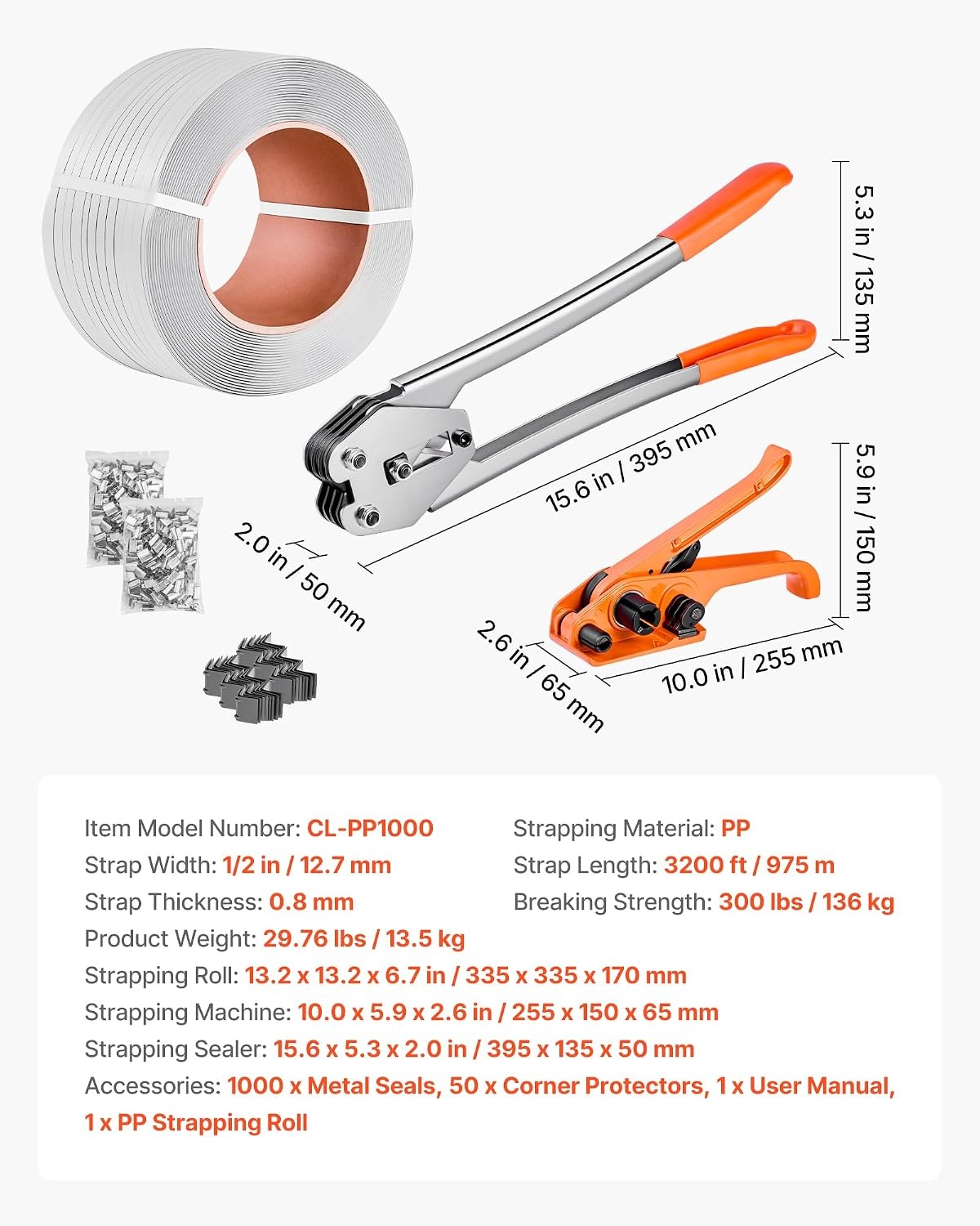 image:imageVEVOR Banding Strapping Kit Heavy Duty Banding Sealer Tool with 3200 ft Length PP Band 1000 Metal Seals 50 Corner Protectors Plastic Pallet Packaging Strapping Kit for WarehouseShippingMovingPP 12x3200 5PC Set