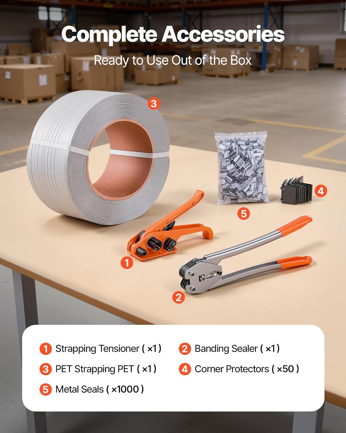 image:imageVEVOR Banding Strapping Kit Heavy Duty Banding Sealer Tool with 3200 ft Length PP Band 1000 Metal Seals 50 Corner Protectors Plastic Pallet Packaging Strapping Kit for WarehouseShippingMovingPP 12x3200 5PC Set