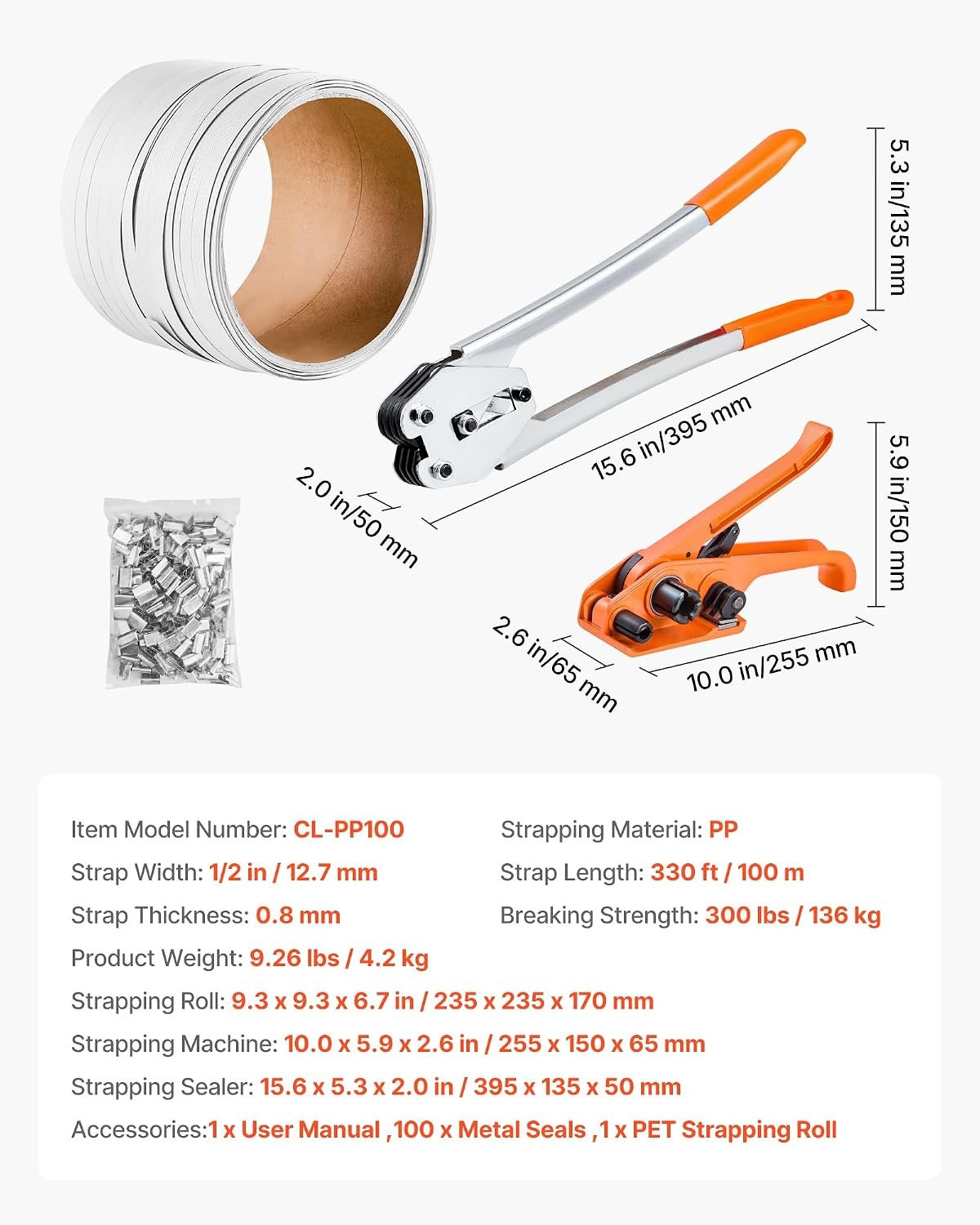 image:imageVEVOR Banding Strapping Kit Heavy Duty Banding Sealer Tool with 3200 ft Length PP Band 1000 Metal Seals 50 Corner Protectors Plastic Pallet Packaging Strapping Kit for WarehouseShippingMoving330 ft x 12 in