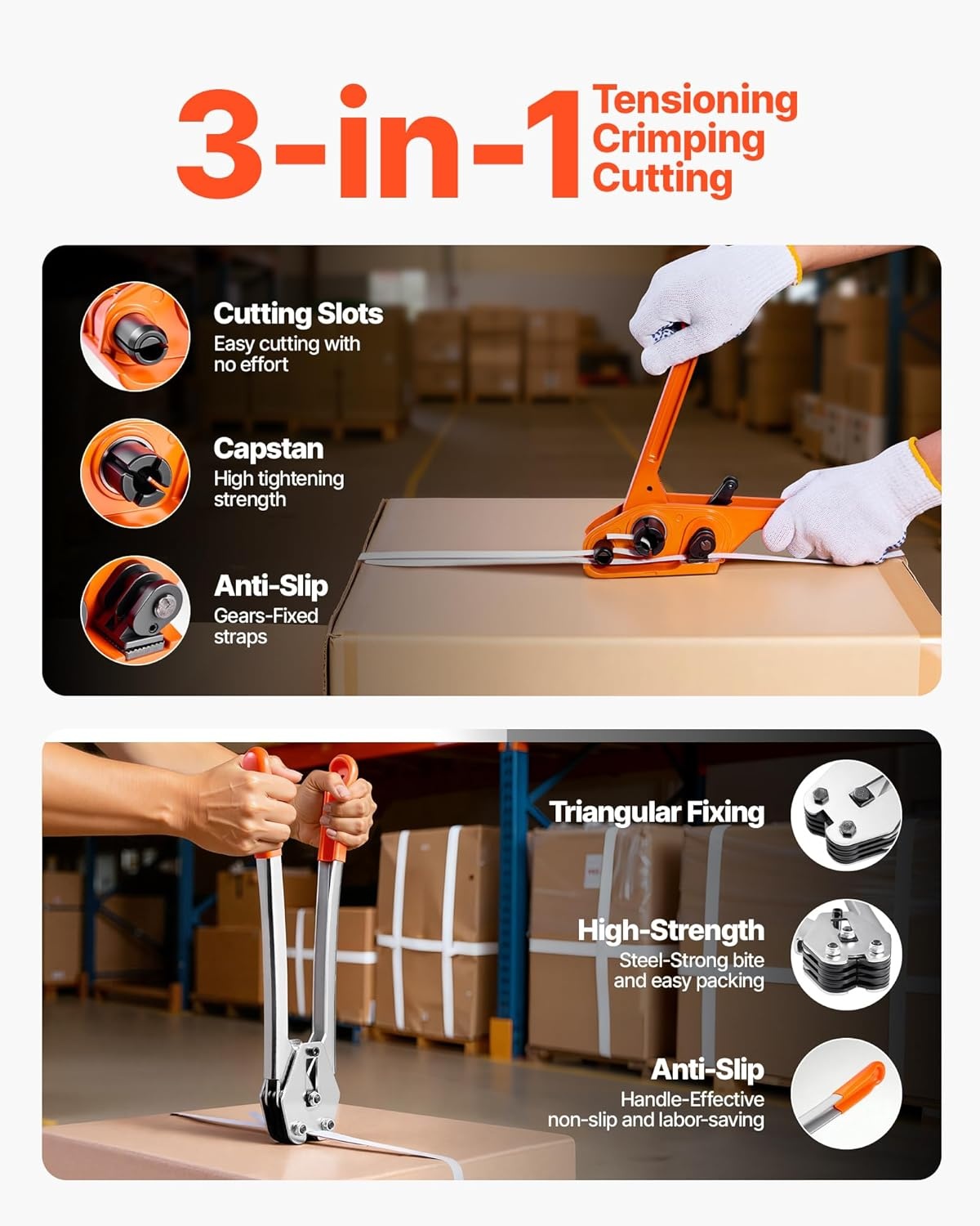 image:imageVEVOR Banding Strapping Kit Heavy Duty Banding Sealer Tool with 3200 ft Length PP Band 1000 Metal Seals 50 Corner Protectors Plastic Pallet Packaging Strapping Kit for WarehouseShippingMovingPP 12x3200 5PC Set