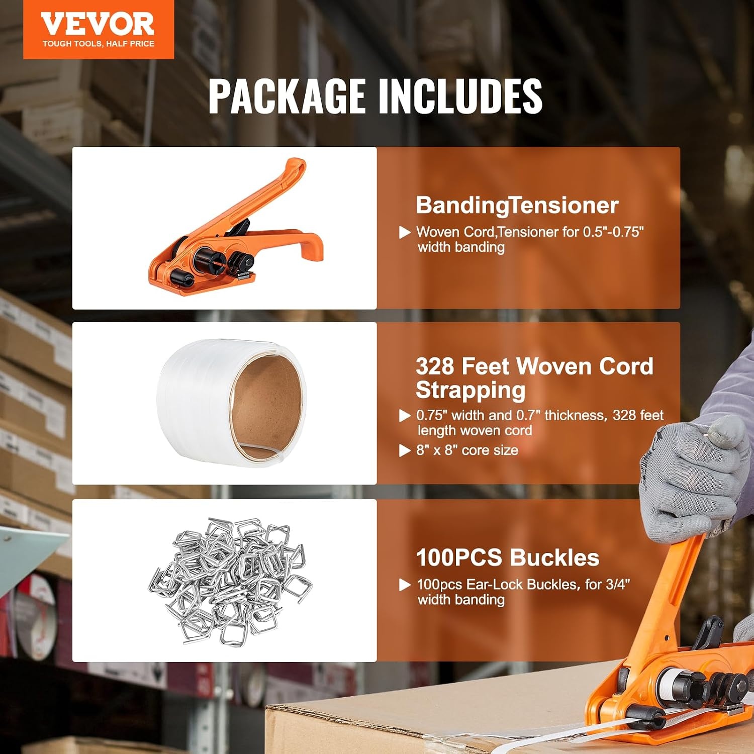 image:imageVEVOR Banding Strapping Kit Heavy Duty Banding Sealer Tool with 3200 ft Length PP Band 1000 Metal Seals 50 Corner Protectors Plastic Pallet Packaging Strapping Kit for WarehouseShippingMovingPP 12x328 3PC Set
