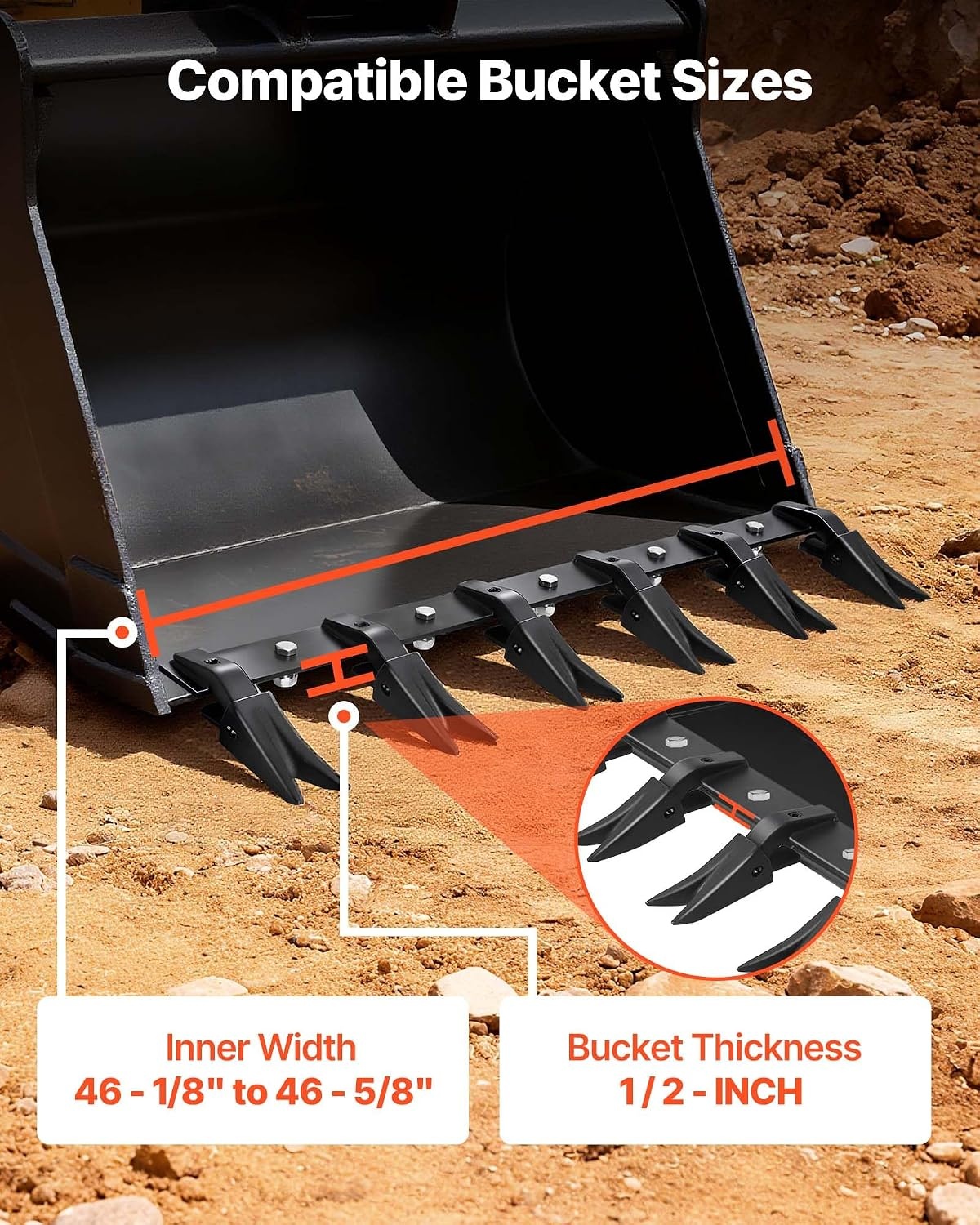 image:imageVEVOR Bucket Tooth Bar 46 in Heavy Duty 5 Teeth Tractor Bucket Bar for Loader Tractor Loader Skidsteer 4560 lbs Load Capacity Bolt On Teeth Bars for Buckets Protection Efficient amp Soil Excavation45in