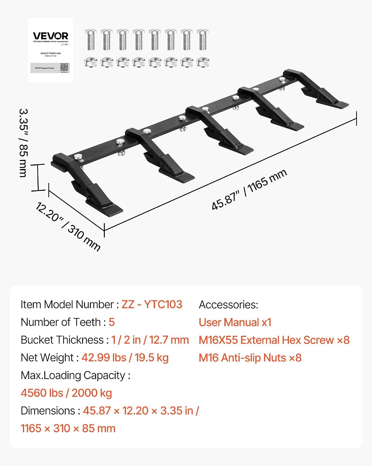 image:imageVEVOR Bucket Tooth Bar 46 in Heavy Duty 5 Teeth Tractor Bucket Bar for Loader Tractor Loader Skidsteer 4560 lbs Load Capacity Bolt On Teeth Bars for Buckets Protection Efficient amp Soil Excavation46in