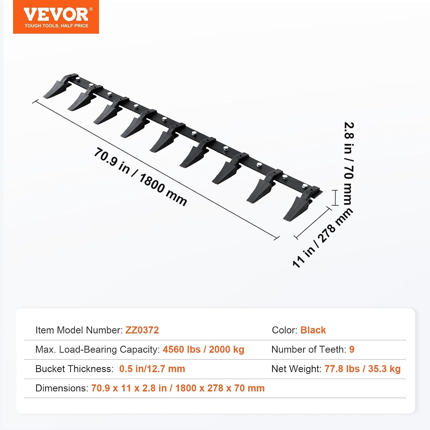 image:imageVEVOR Bucket Tooth Bar 46 in Heavy Duty 5 Teeth Tractor Bucket Bar for Loader Tractor Loader Skidsteer 4560 lbs Load Capacity Bolt On Teeth Bars for Buckets Protection Efficient amp Soil Excavation72in