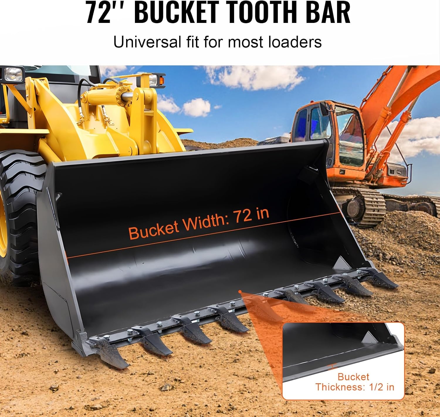 image:imageVEVOR Bucket Tooth Bar 46 in Heavy Duty 5 Teeth Tractor Bucket Bar for Loader Tractor Loader Skidsteer 4560 lbs Load Capacity Bolt On Teeth Bars for Buckets Protection Efficient amp Soil Excavation72in