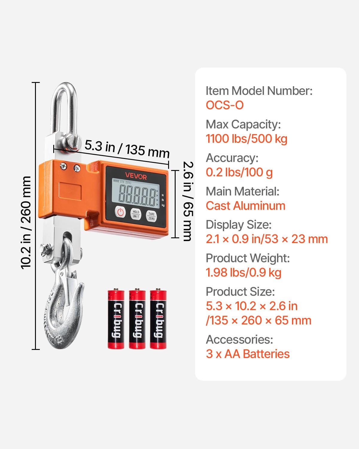 image:imageVEVOR Digital Crane Scale 1100 lbs500 kg Max Capacity Heavy Duty Industrial Hanging Scale with Cast Aluminum Case amp LCD Display 02 lbs Division amp 3 Unit Switch AutoOff Setting for Garage1100BLS