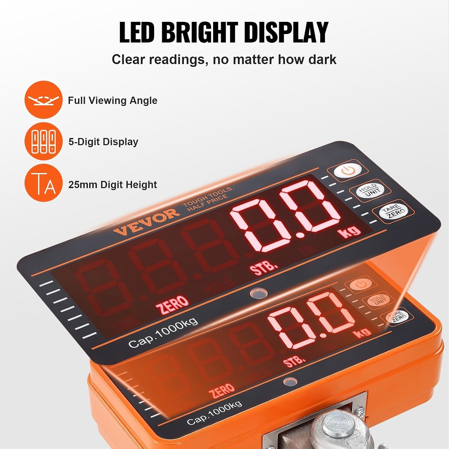 image:imageVEVOR Digital Crane Scale 1100 lbs500 kg Max Capacity Heavy Duty Industrial Hanging Scale with Cast Aluminum Case amp LCD Display 02 lbs Division amp 3 Unit Switch AutoOff Setting for Garage2200BLS