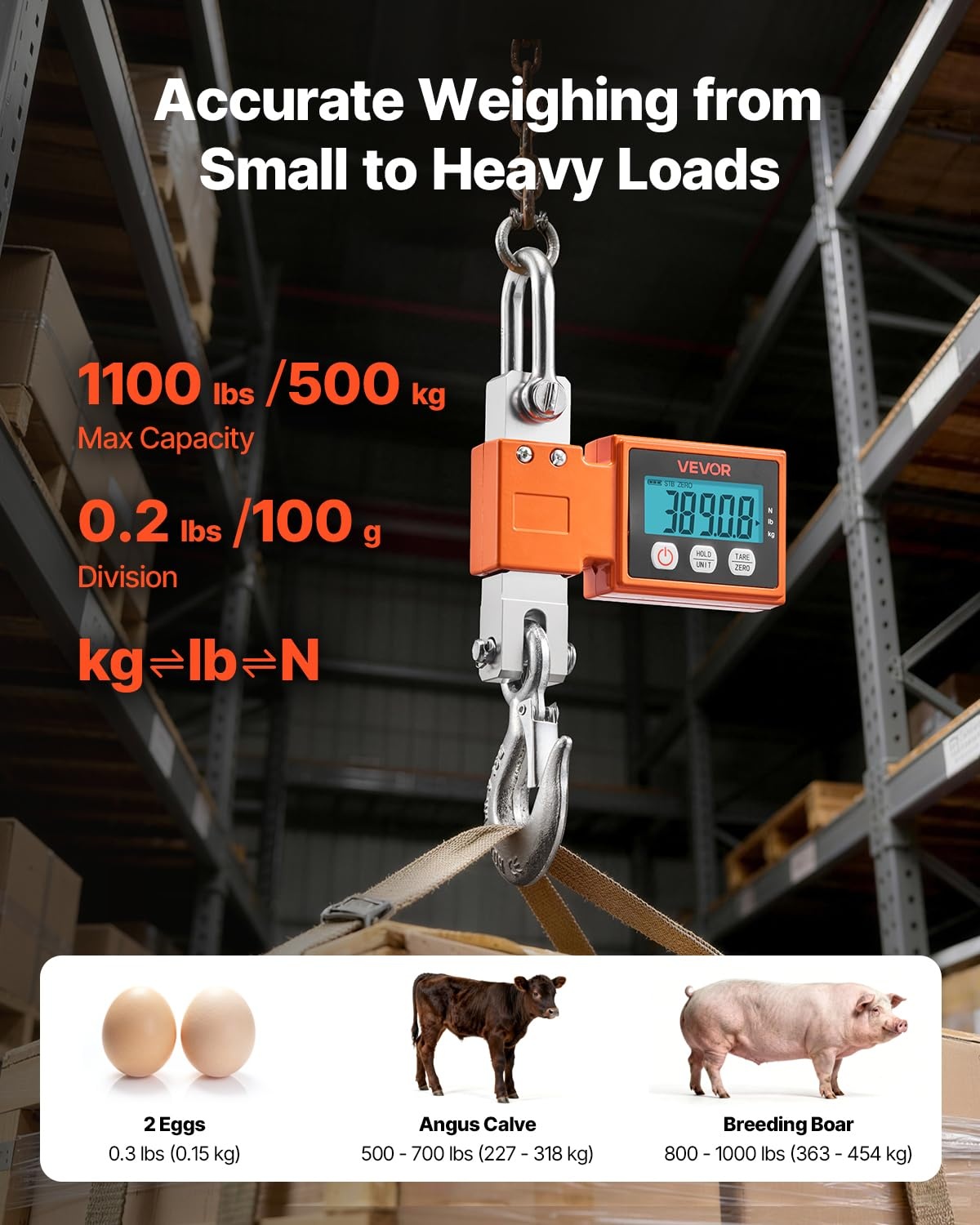 image:imageVEVOR Digital Crane Scale 1100 lbs500 kg Max Capacity Heavy Duty Industrial Hanging Scale with Cast Aluminum Case amp LCD Display 02 lbs Division amp 3 Unit Switch AutoOff Setting for Garage1100BLS