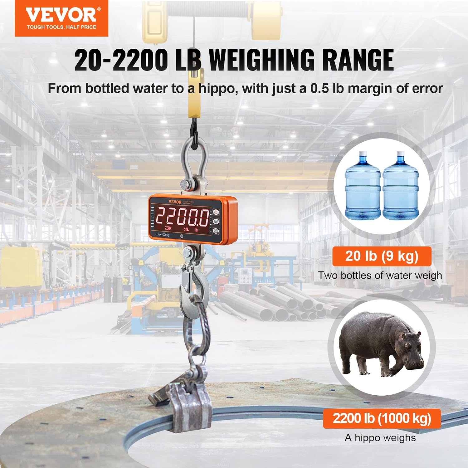 image:imageVEVOR Digital Crane Scale 1100 lbs500 kg Max Capacity Heavy Duty Industrial Hanging Scale with Cast Aluminum Case amp LCD Display 02 lbs Division amp 3 Unit Switch AutoOff Setting for Garage2200BLS