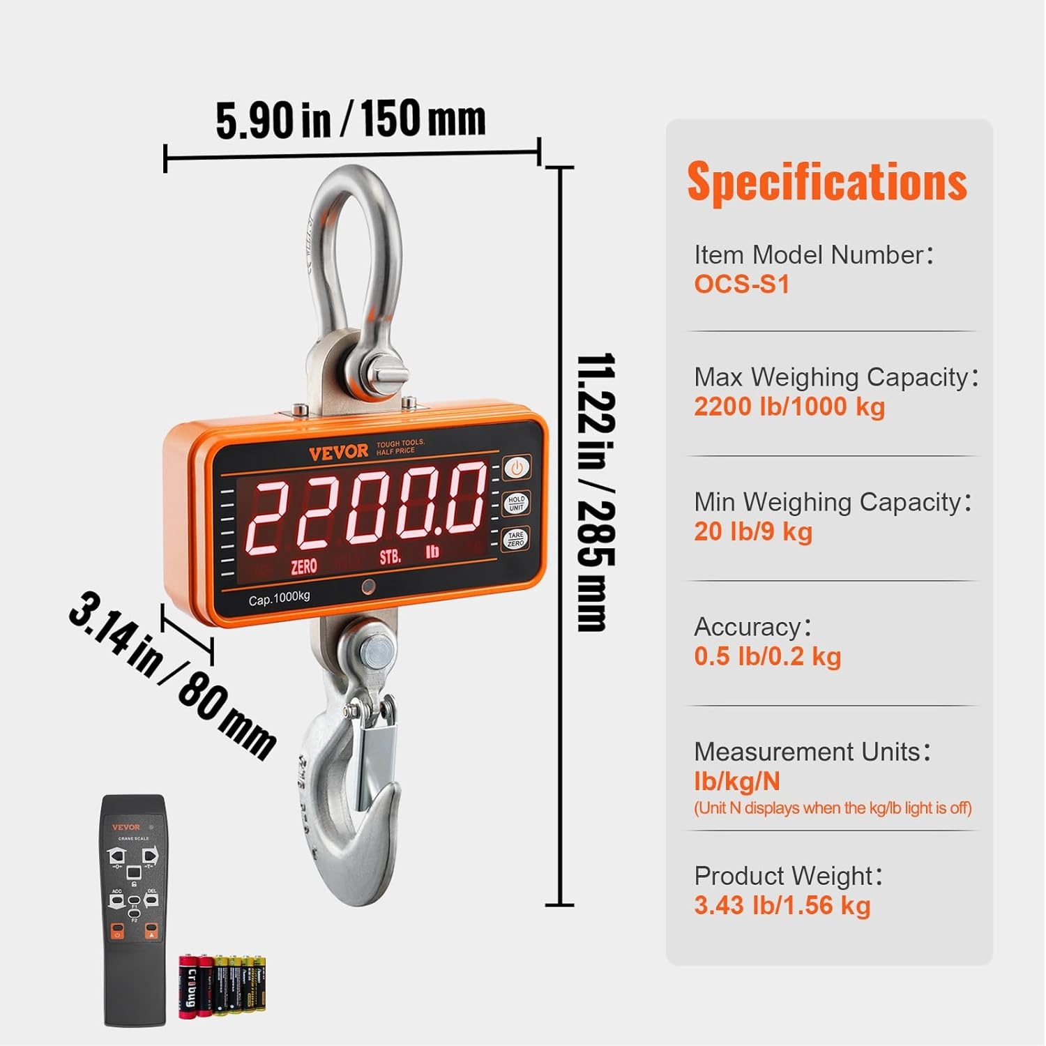 image:imageVEVOR Digital Crane Scale 1100 lbs500 kg Max Capacity Heavy Duty Industrial Hanging Scale with Cast Aluminum Case amp LCD Display 02 lbs Division amp 3 Unit Switch AutoOff Setting for Garage2200BLS