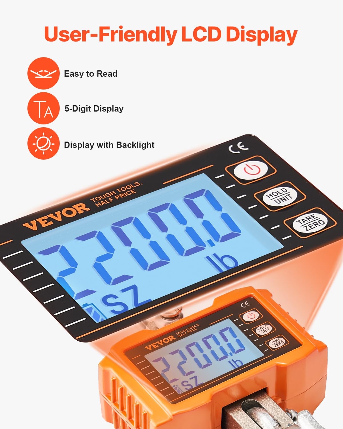 image:imageVEVOR Digital Crane Scale 2200 lbs1000 kg Industrial Heavy Duty Hanging Scale with Remote Control Cast Aluminum Case amp LCD Screen High Precision for Construction Factory Farm Hunting Orange2200BLS