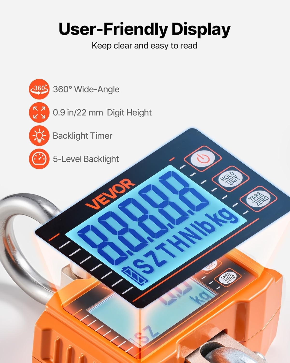 image:imageVEVOR Digital Crane Scale 2200 lbs1000 kg Industrial Heavy Duty Hanging Scale with Remote Control Cast Aluminum Case amp LCD Screen High Precision for Construction Factory Farm Hunting Orange4400BLS