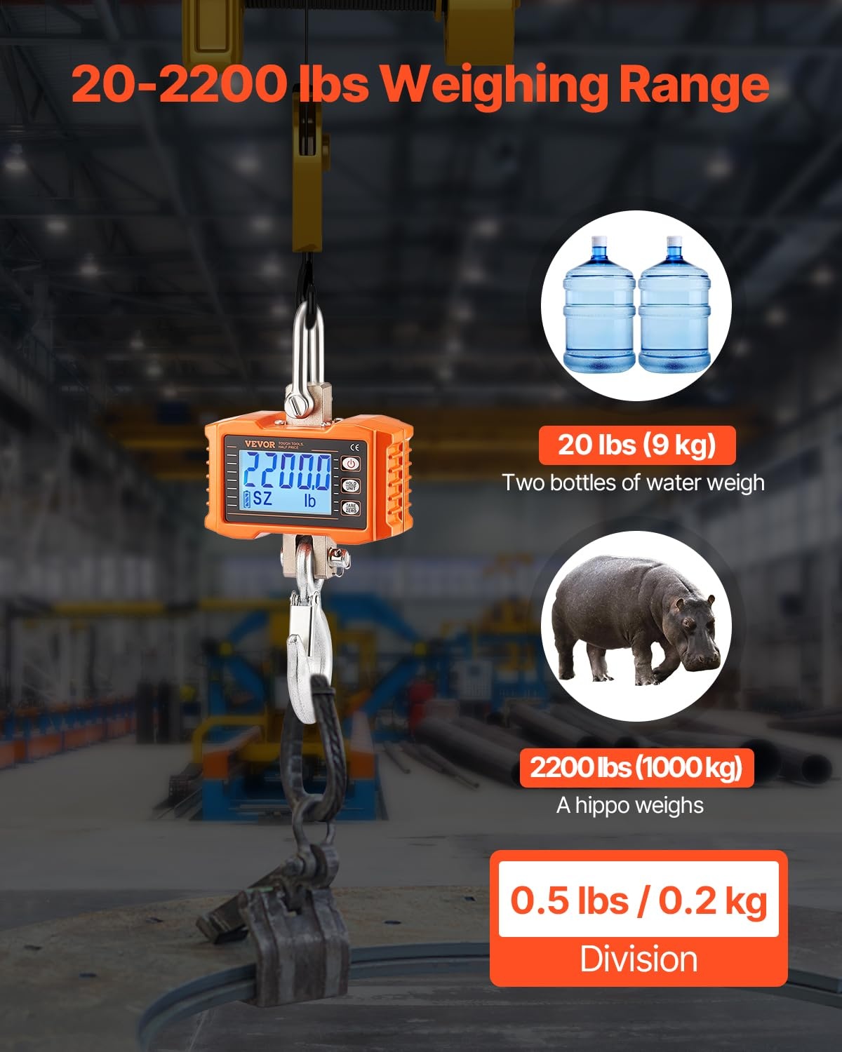 image:imageVEVOR Digital Crane Scale 2200 lbs1000 kg Industrial Heavy Duty Hanging Scale with Remote Control Cast Aluminum Case amp LCD Screen High Precision for Construction Factory Farm Hunting Orange2200BLS