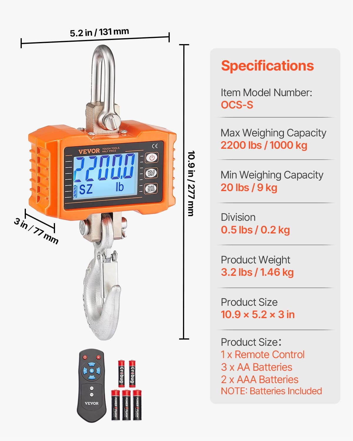 image:imageVEVOR Digital Crane Scale 2200 lbs1000 kg Industrial Heavy Duty Hanging Scale with Remote Control Cast Aluminum Case amp LCD Screen High Precision for Construction Factory Farm Hunting Orange2200BLS