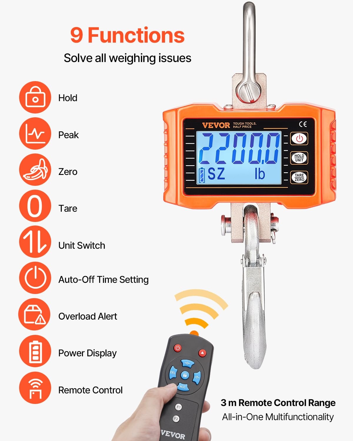 image:imageVEVOR Digital Crane Scale 2200 lbs1000 kg Industrial Heavy Duty Hanging Scale with Remote Control Cast Aluminum Case amp LCD Screen High Precision for Construction Factory Farm Hunting Orange2200BLS