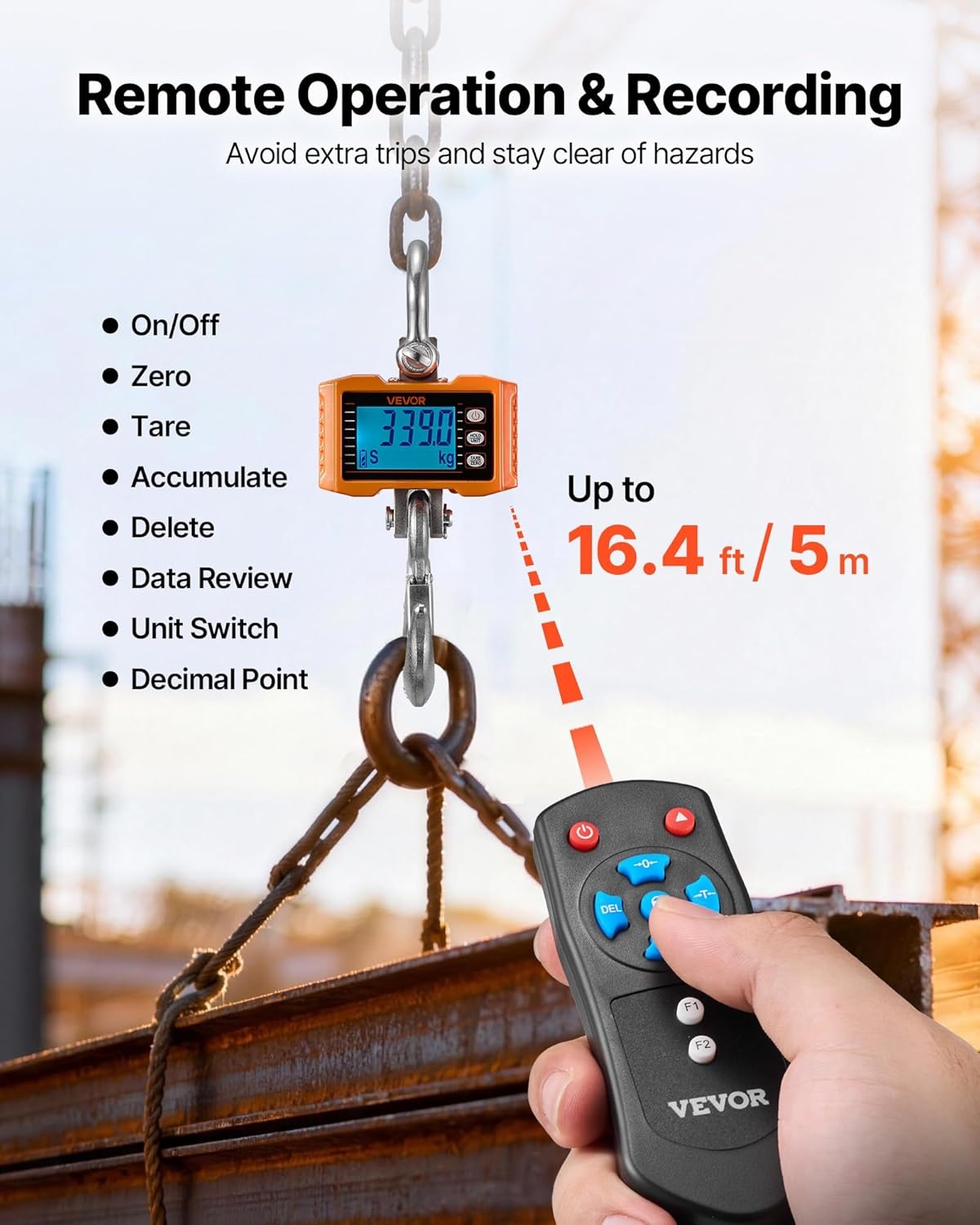 image:imageVEVOR Digital Crane Scale 2200 lbs1000 kg Industrial Heavy Duty Hanging Scale with Remote Control Cast Aluminum Case amp LCD Screen High Precision for Construction Factory Farm Hunting Orange4400BLS