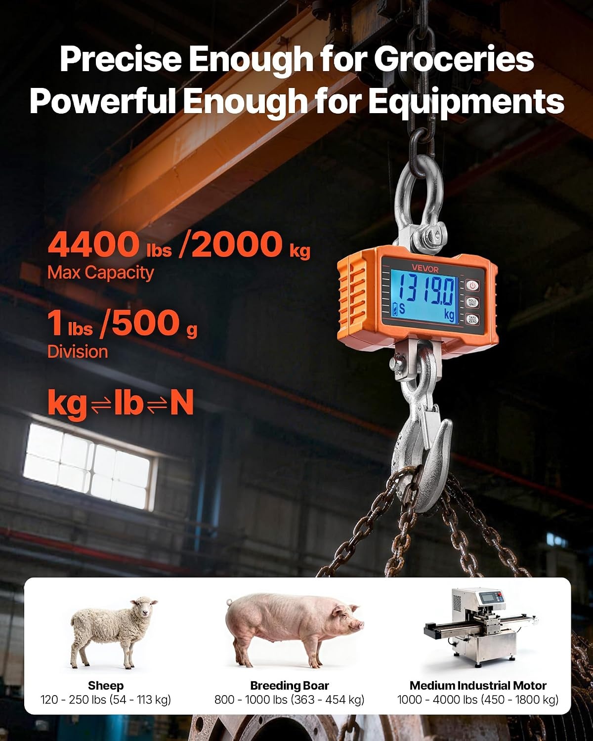 image:imageVEVOR Digital Crane Scale 2200 lbs1000 kg Industrial Heavy Duty Hanging Scale with Remote Control Cast Aluminum Case amp LCD Screen High Precision for Construction Factory Farm Hunting Orange4400BLS
