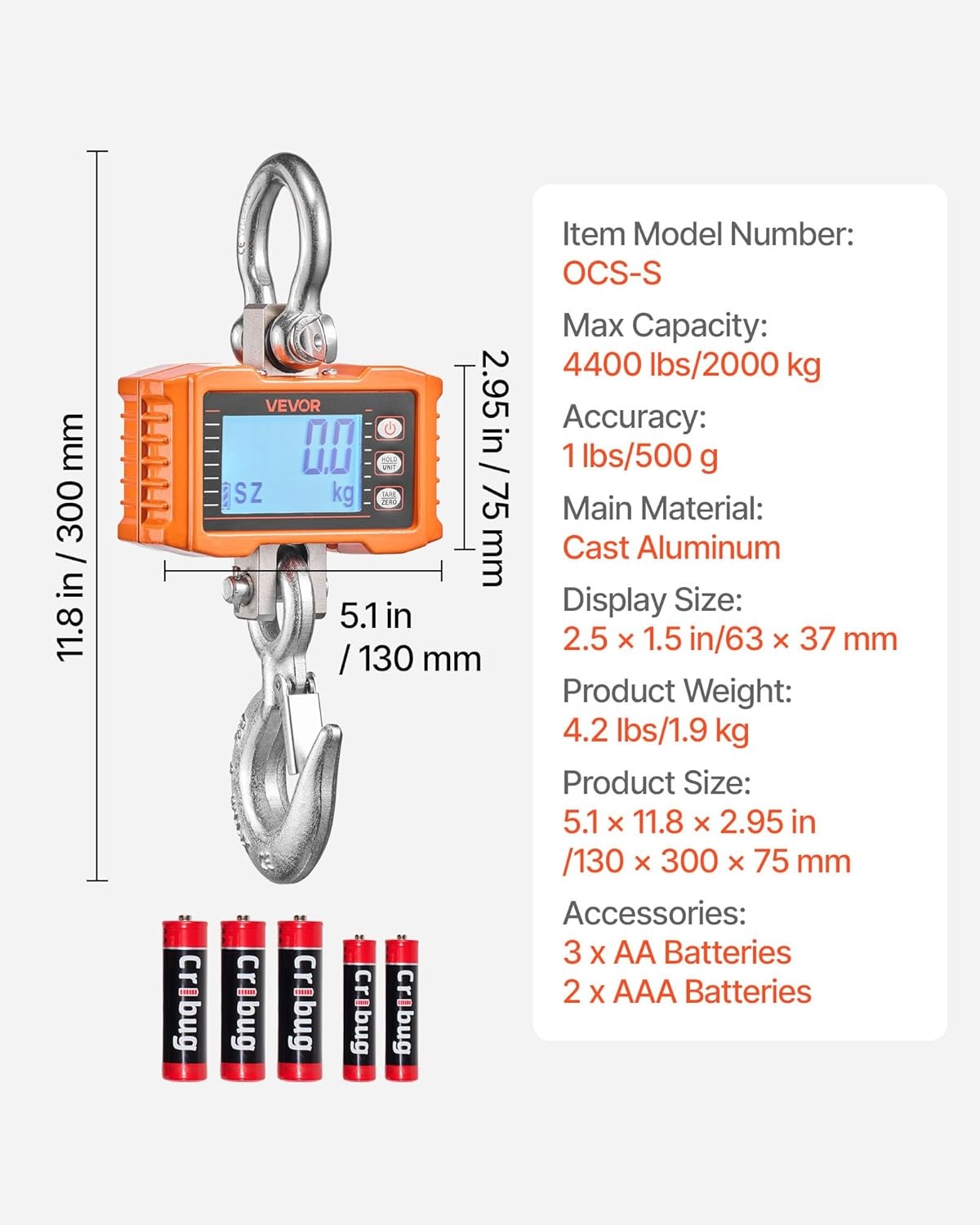 image:imageVEVOR Digital Crane Scale 2200 lbs1000 kg Industrial Heavy Duty Hanging Scale with Remote Control Cast Aluminum Case amp LCD Screen High Precision for Construction Factory Farm Hunting Orange4400BLS