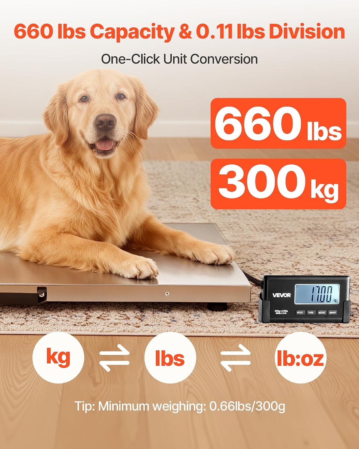 image:imageVEVOR Digital Shipping Scale 01 lbs High Accuracy 660 lbs Postal Scale with LCD Display HoldTare Function amp ACDC Power Supply Fit for Packages Postage Luggage Battery amp Adapter Included660Lbs