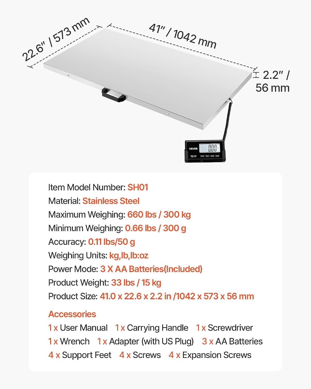 image:imageVEVOR Digital Shipping Scale 01 lbs High Accuracy 660 lbs Postal Scale with LCD Display HoldTare Function amp ACDC Power Supply Fit for Packages Postage Luggage Battery amp Adapter Included660Lbs