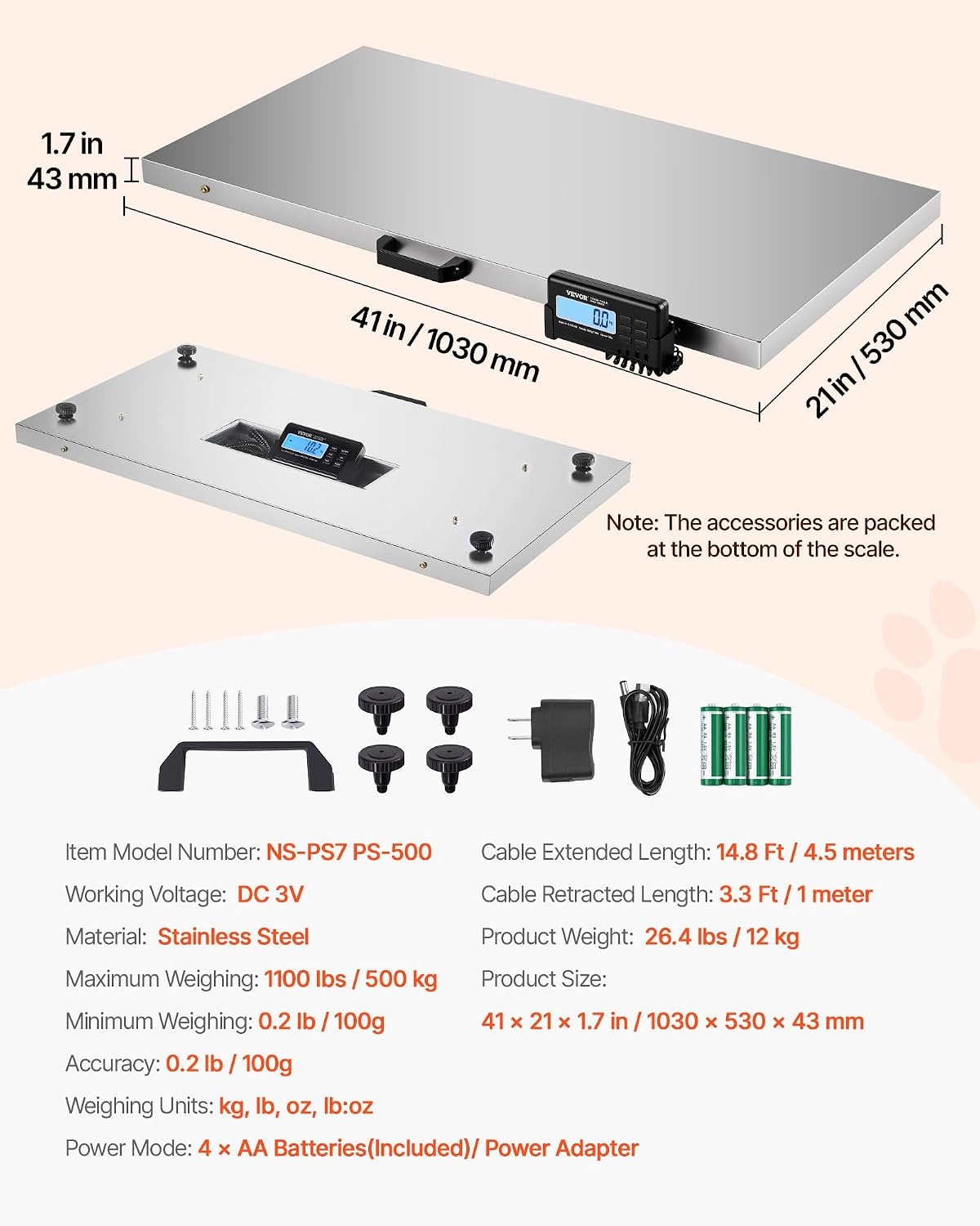 image:imageVEVOR Digital Shipping Scale 01 lbs High Accuracy 660 lbs Postal Scale with LCD Display HoldTare Function amp ACDC Power Supply Fit for Packages Postage Luggage Battery amp Adapter Included1100Lbs