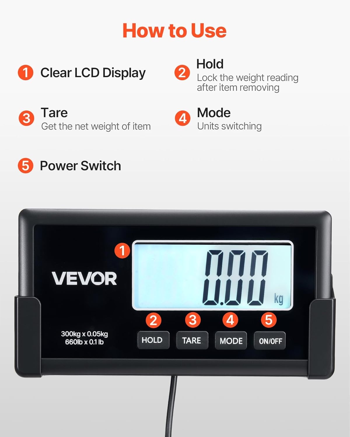 image:imageVEVOR Digital Shipping Scale 01 lbs High Accuracy 660 lbs Postal Scale with LCD Display HoldTare Function amp ACDC Power Supply Fit for Packages Postage Luggage Battery amp Adapter Included660Lbs