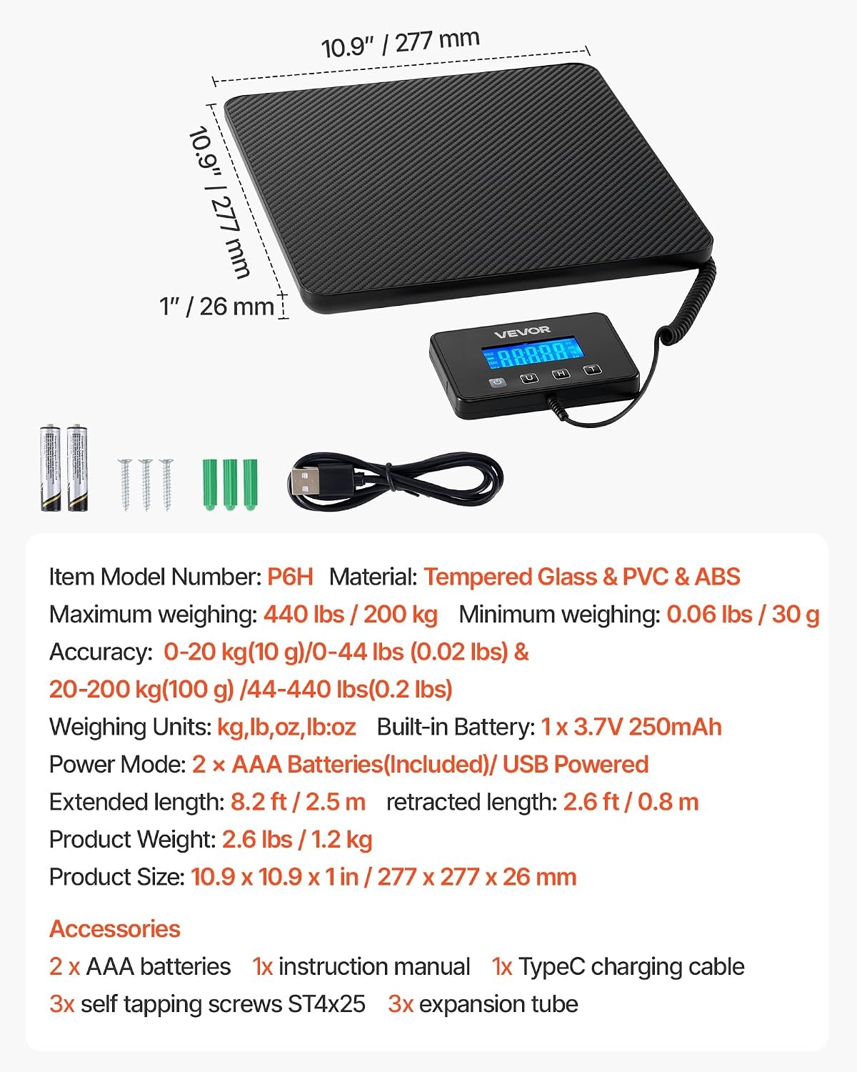 image:imageVEVOR Digital Shipping Scale 110 lbs x 007 oz Heavy Duty Postal Scale with Timer Tare Hold Function 90 Foldable LCD Screen Package Scale for Laggage Home Post Office ACDC Powered FCC Liste440Lbs
