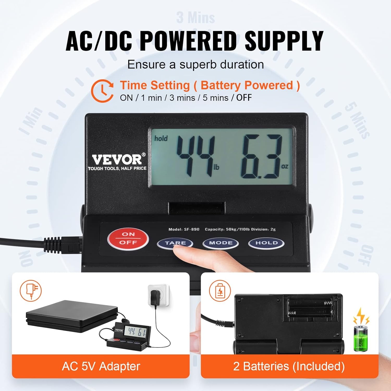 image:imageVEVOR Digital Shipping Scale 110 lbs x 007 oz Heavy Duty Postal Scale with Timer Tare Hold Function 90 Foldable LCD Screen Package Scale for Laggage Home Post Office ACDC Powered FCC Liste1010in
