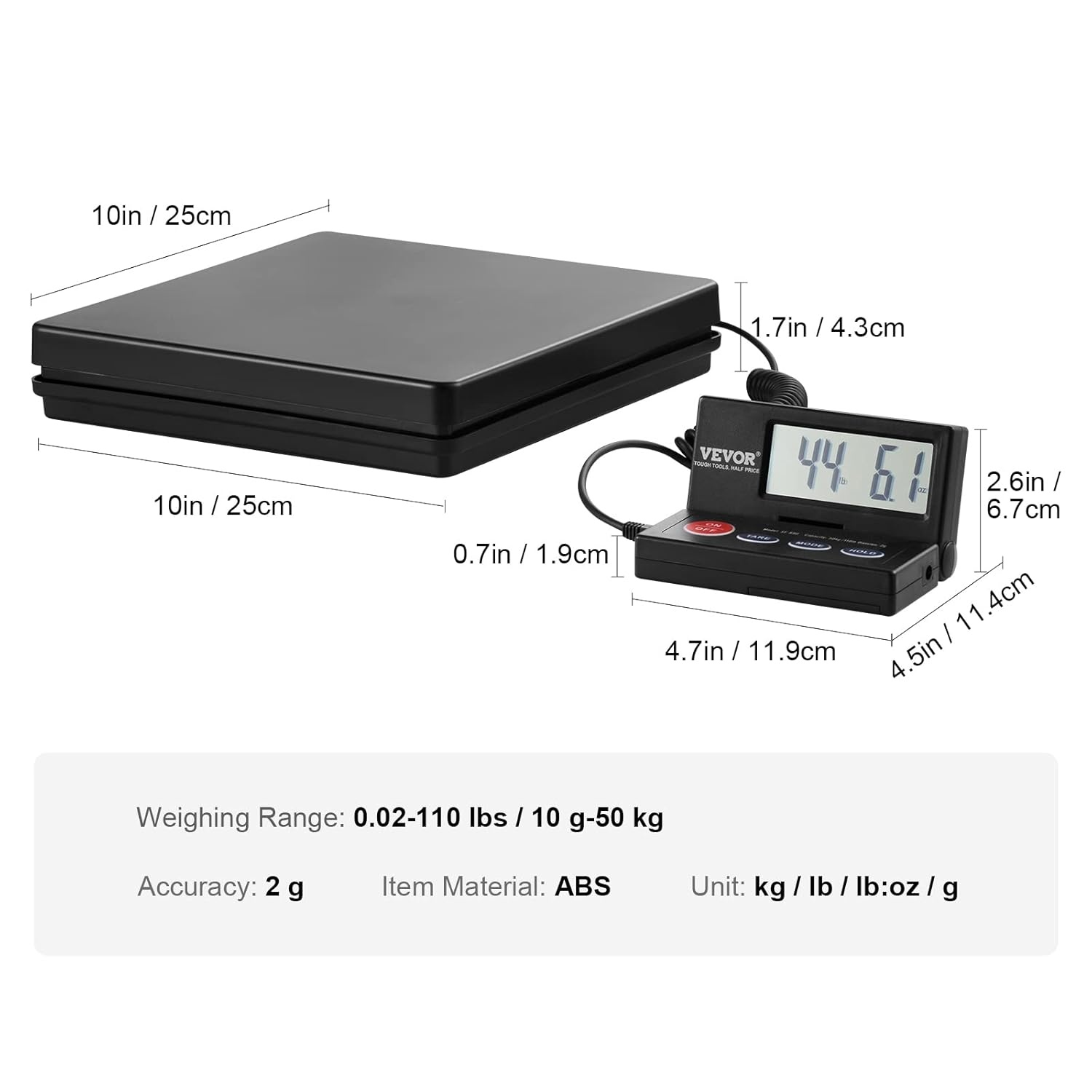 image:imageVEVOR Digital Shipping Scale 110 lbs x 007 oz Heavy Duty Postal Scale with Timer Tare Hold Function 90 Foldable LCD Screen Package Scale for Laggage Home Post Office ACDC Powered FCC Liste1010in