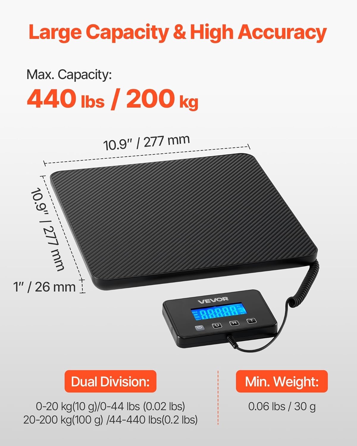 image:imageVEVOR Digital Shipping Scale 110 lbs x 007 oz Heavy Duty Postal Scale with Timer Tare Hold Function 90 Foldable LCD Screen Package Scale for Laggage Home Post Office ACDC Powered FCC Liste440Lbs