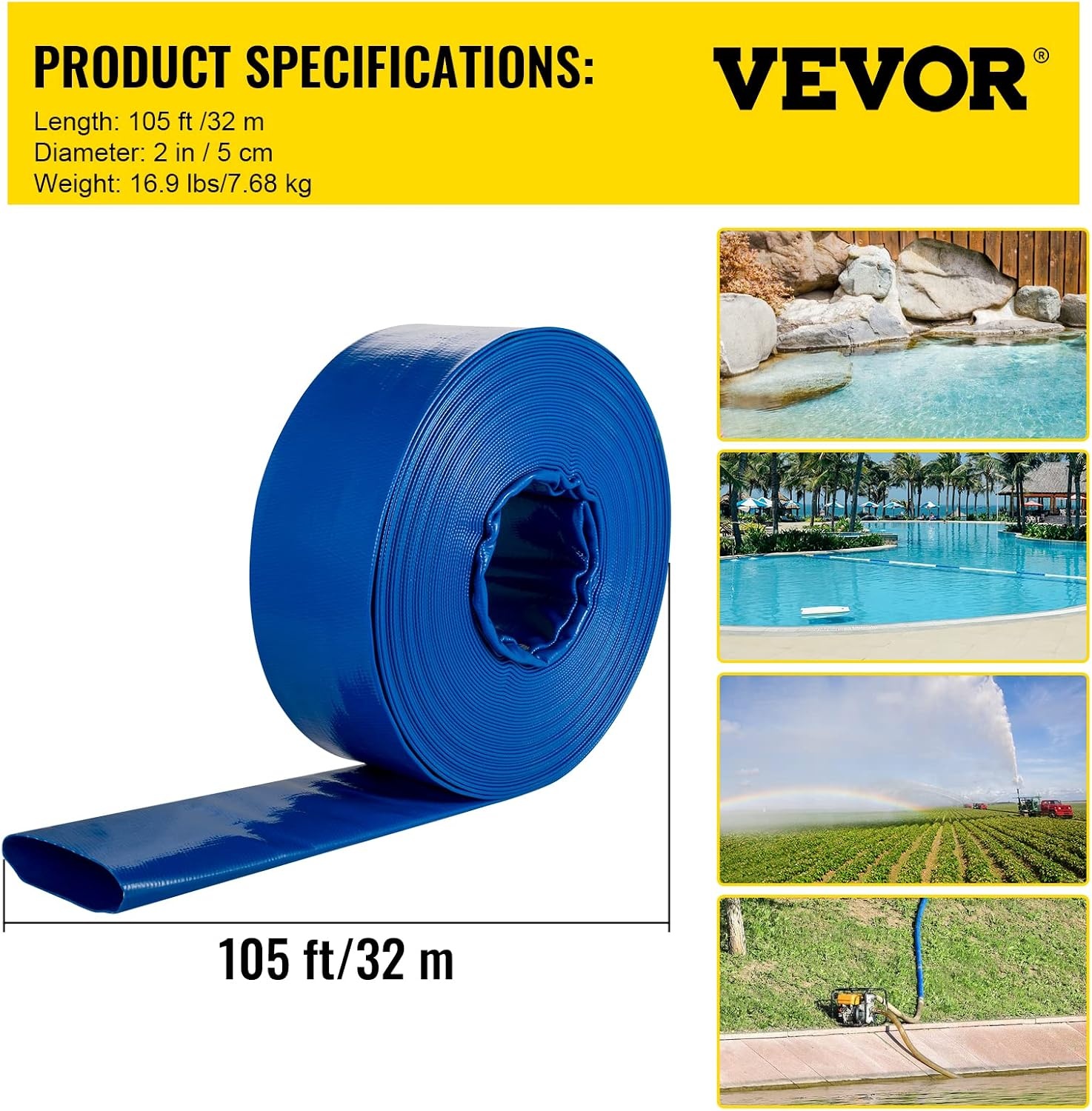 image:imageVEVOR Discharge Hose 112 x 100 PVC Fabric Lay Flat Hose Heavy Duty Backwash Drain Hose with Clamps Weatherproof amp Burstproof Ideal for Swimming Pool amp Water Transfer Blue2 x 100