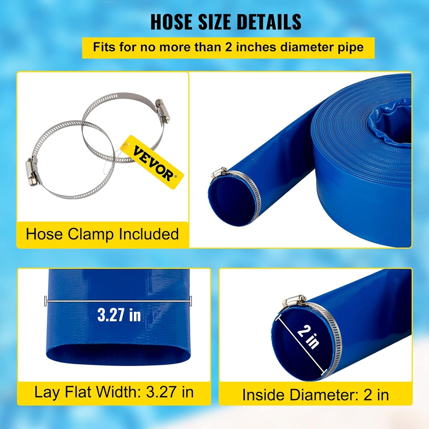 image:imageVEVOR Discharge Hose 112 x 100 PVC Fabric Lay Flat Hose Heavy Duty Backwash Drain Hose with Clamps Weatherproof amp Burstproof Ideal for Swimming Pool amp Water Transfer Blue2 x 100