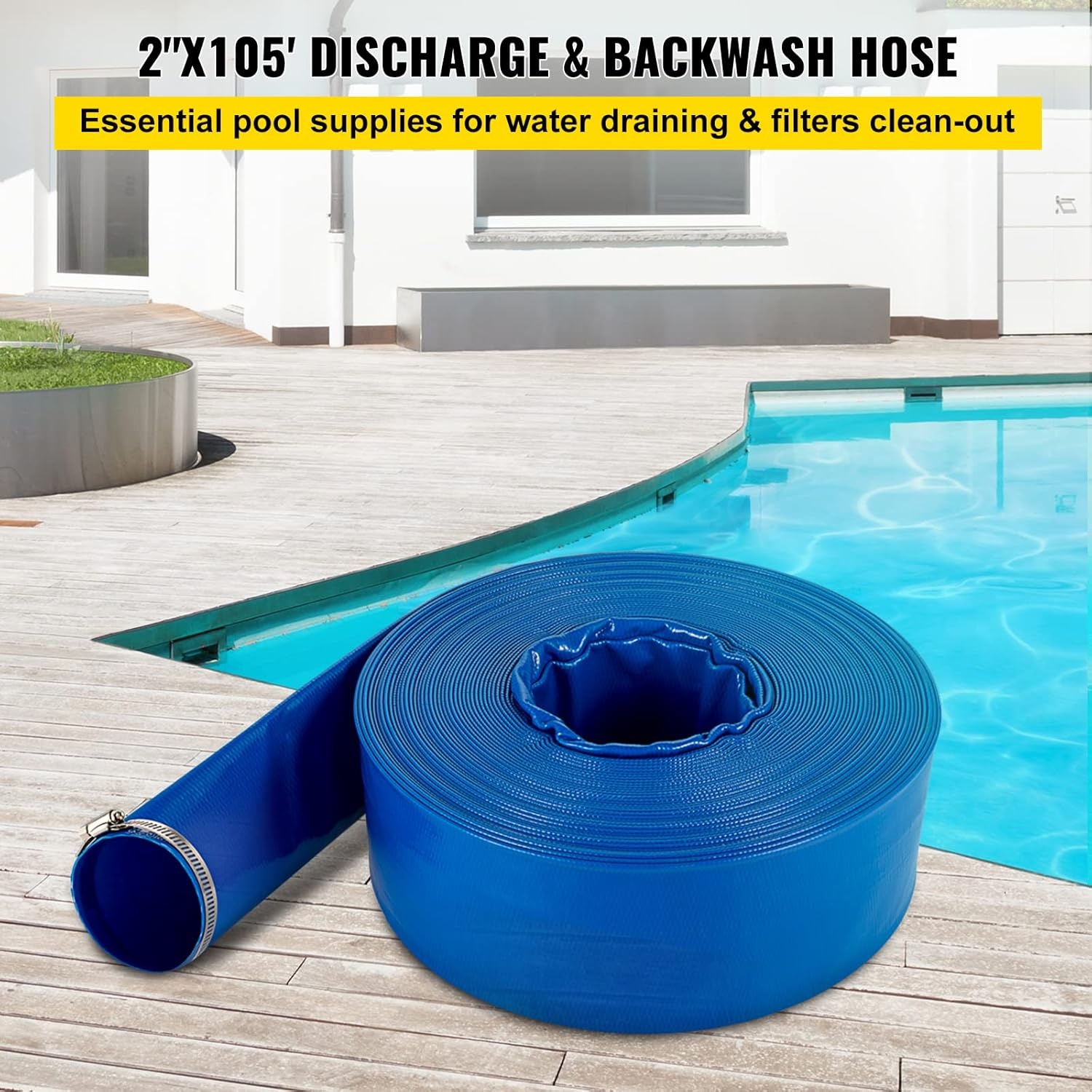image:imageVEVOR Discharge Hose 112 x 100 PVC Fabric Lay Flat Hose Heavy Duty Backwash Drain Hose with Clamps Weatherproof amp Burstproof Ideal for Swimming Pool amp Water Transfer Blue2 x 100
