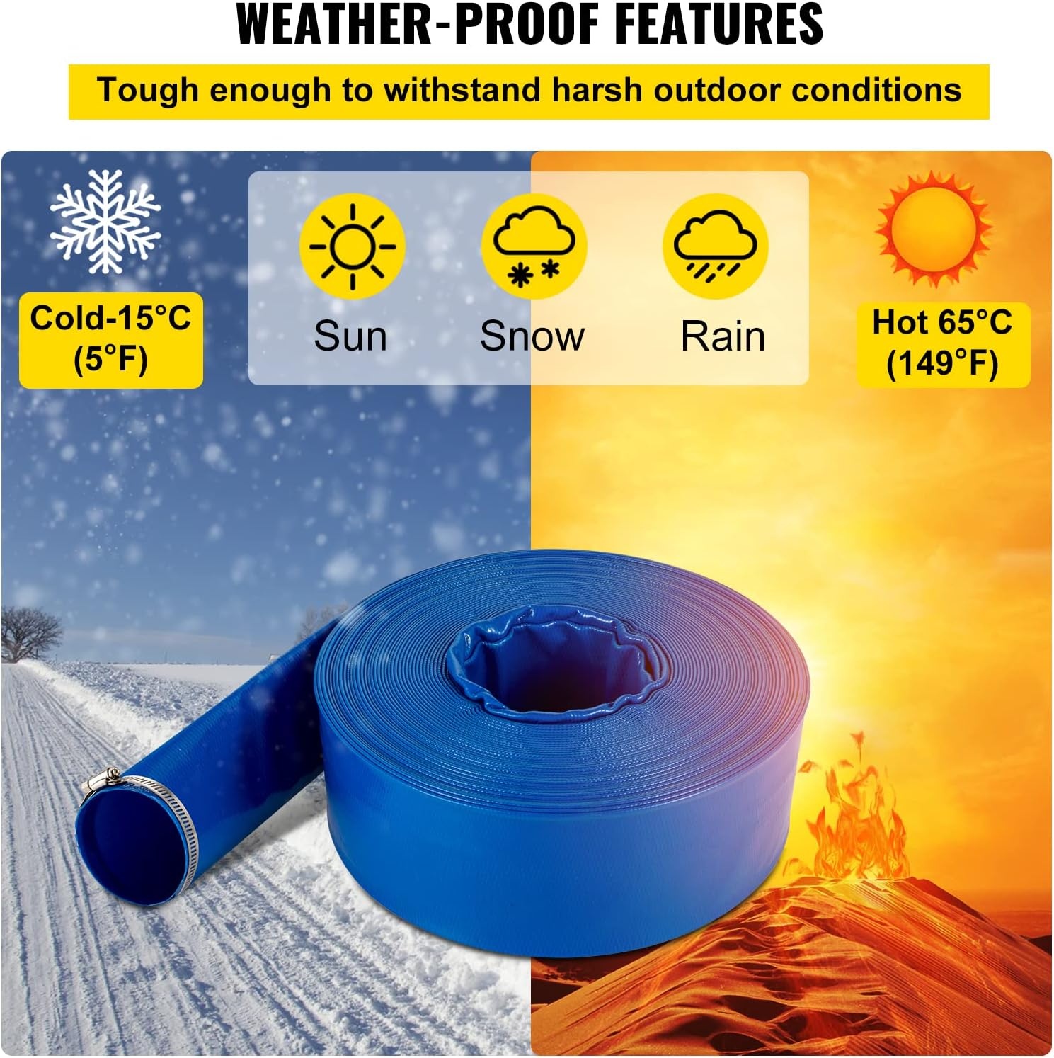 image:imageVEVOR Discharge Hose 112 x 100 PVC Fabric Lay Flat Hose Heavy Duty Backwash Drain Hose with Clamps Weatherproof amp Burstproof Ideal for Swimming Pool amp Water Transfer Blue2 x 100