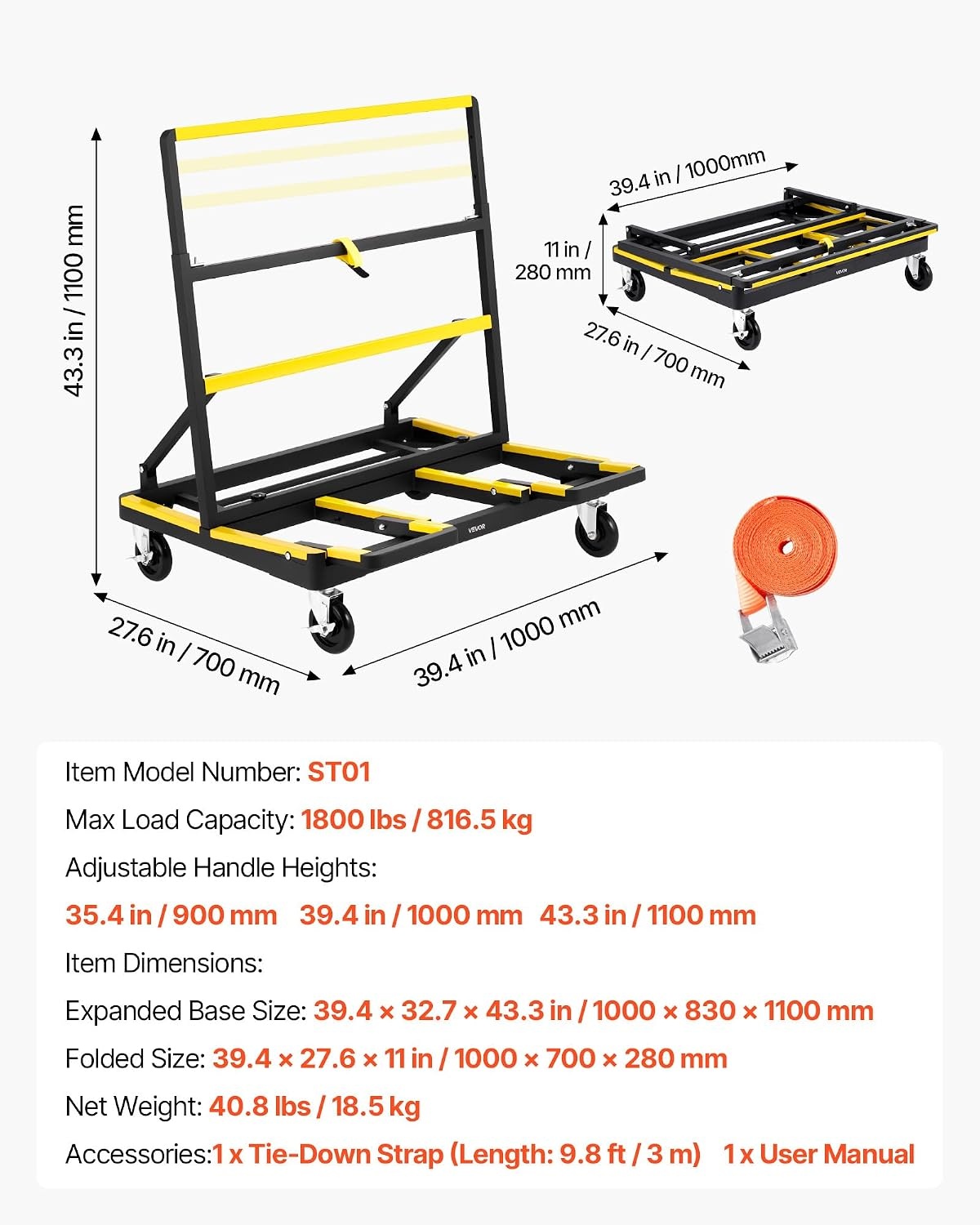 image:imageVEVOR Drywall Cart Dolly 1800 lbs Load Capacity Steel Panel Dolly with 4 Swivel Casters amp Expandable Deck Foldable Panel Truck Cart with TieDown Strap for Handling Plywood Plasterboard Glass