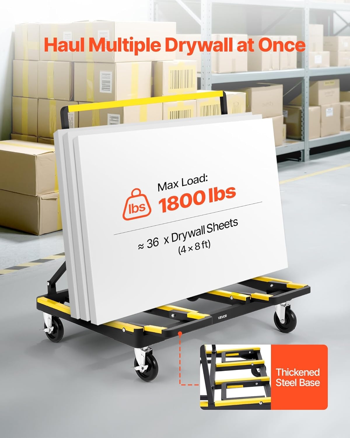 image:imageVEVOR Drywall Cart Dolly 1800 lbs Load Capacity Steel Panel Dolly with 4 Swivel Casters amp Expandable Deck Foldable Panel Truck Cart with TieDown Strap for Handling Plywood Plasterboard Glass
