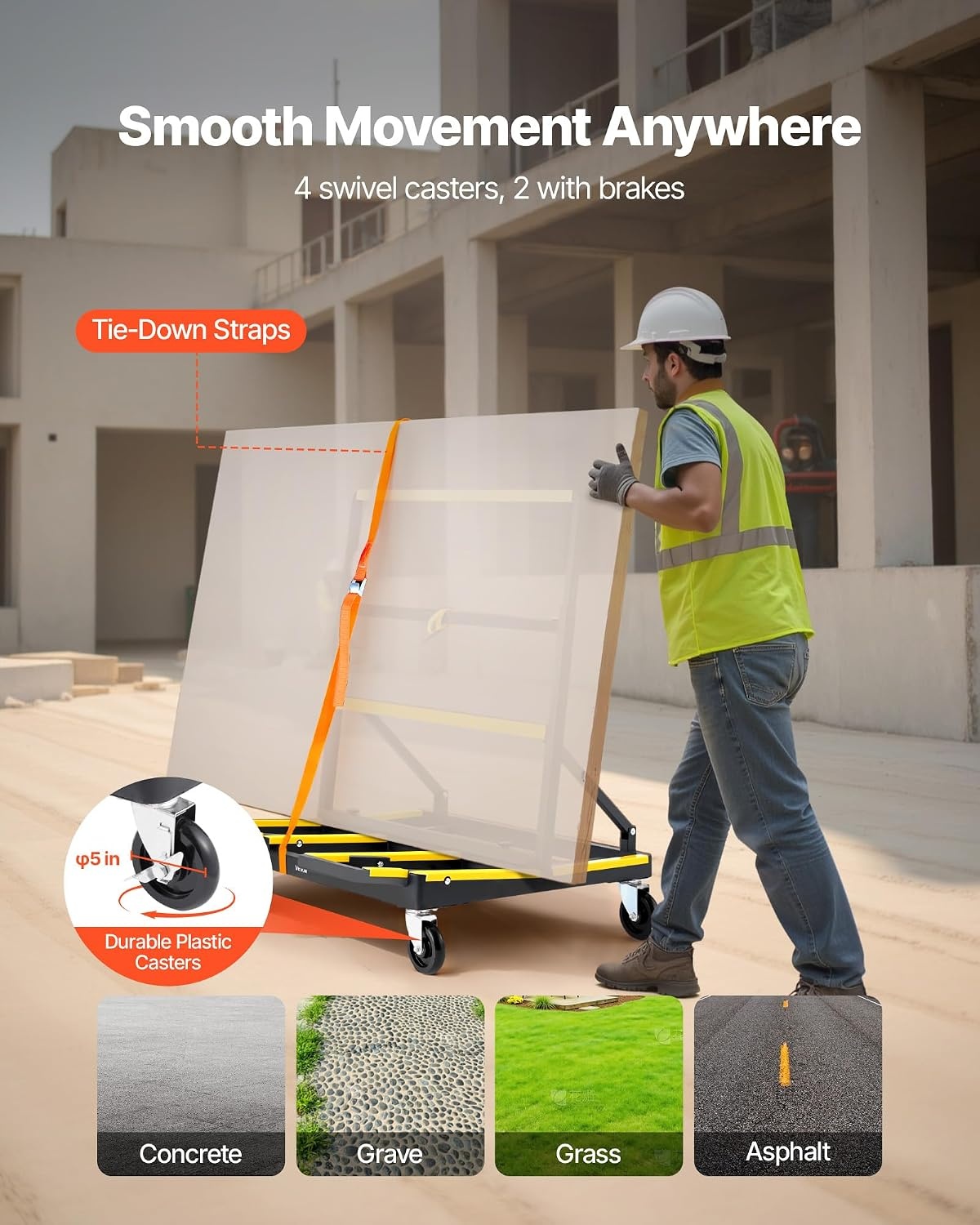 image:imageVEVOR Drywall Cart Dolly 1800 lbs Load Capacity Steel Panel Dolly with 4 Swivel Casters amp Expandable Deck Foldable Panel Truck Cart with TieDown Strap for Handling Plywood Plasterboard Glass