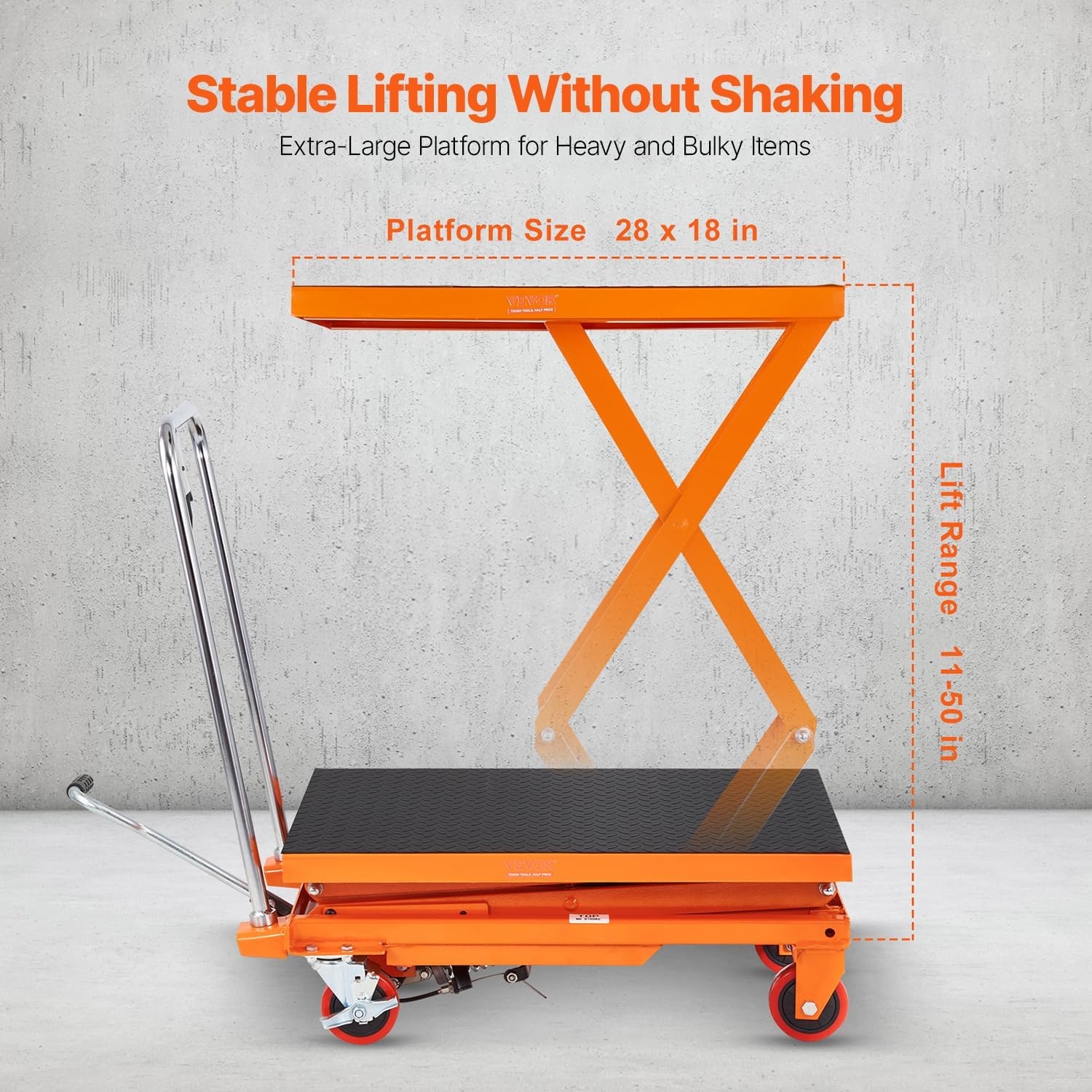 image:imageVEVOR Electric Lift Table 330 lbs Capacity Single Scissor Lift Table 828 in Height Adjustable Lifting Platform Coffee Table Lift with 4 Wheels for Material Handling and Transportation BlackOrange
