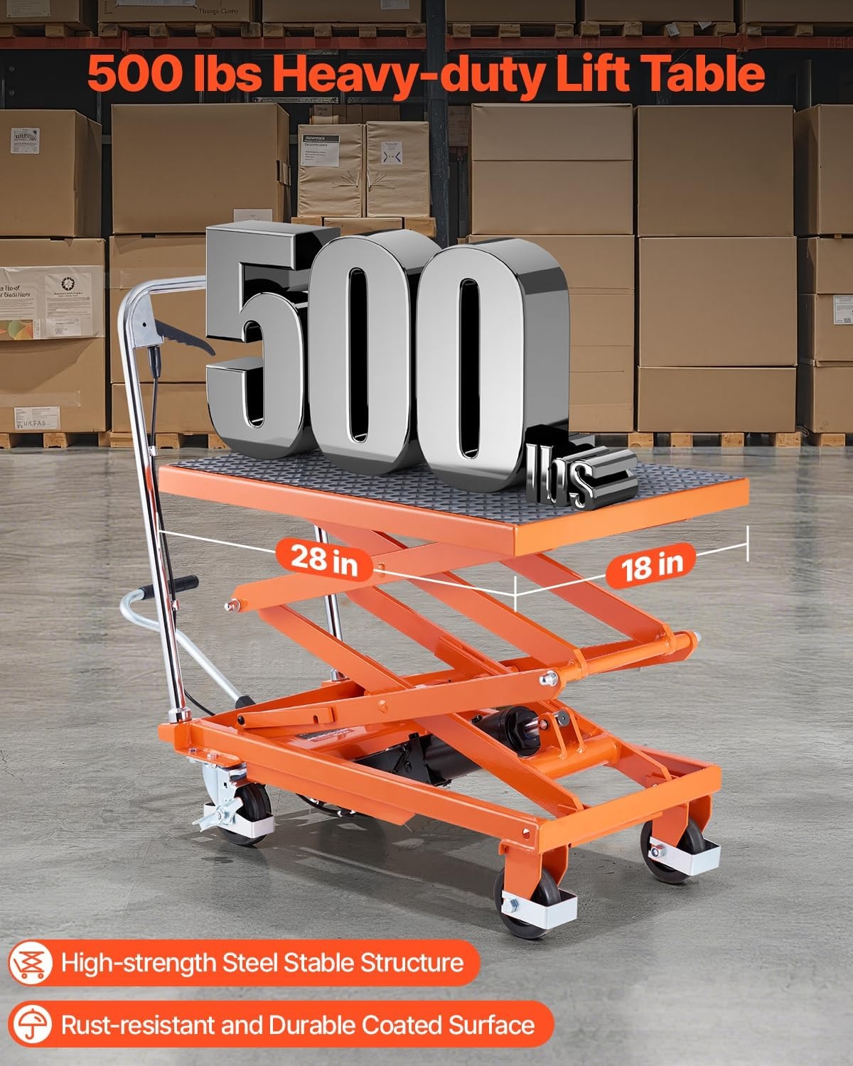 image:imageVEVOR Electric Lift Table 330 lbs Capacity Single Scissor Lift Table 828 in Height Adjustable Lifting Platform Coffee Table Lift with 4 Wheels for Material Handling and Transportation BlackOrange