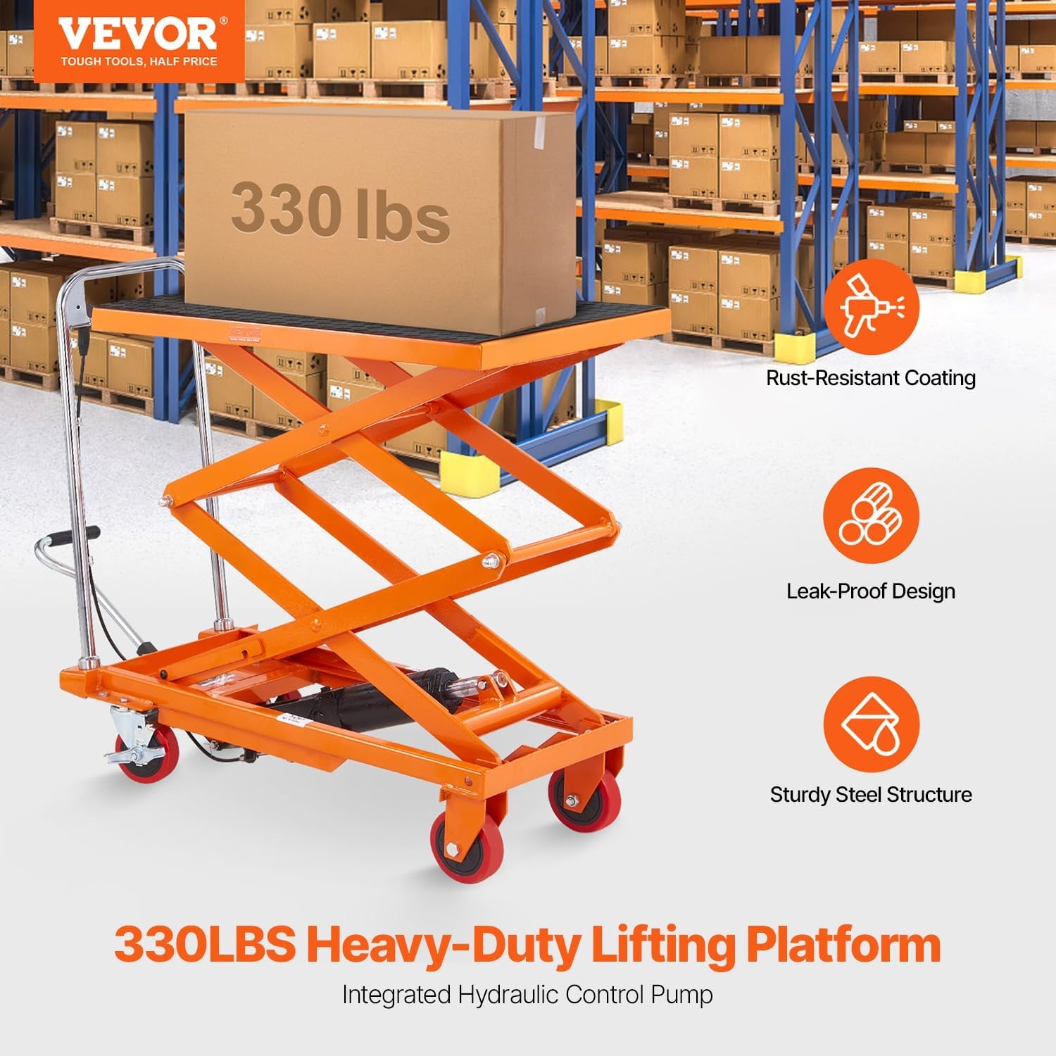image:imageVEVOR Electric Lift Table 330 lbs Capacity Single Scissor Lift Table 828 in Height Adjustable Lifting Platform Coffee Table Lift with 4 Wheels for Material Handling and Transportation BlackOrange