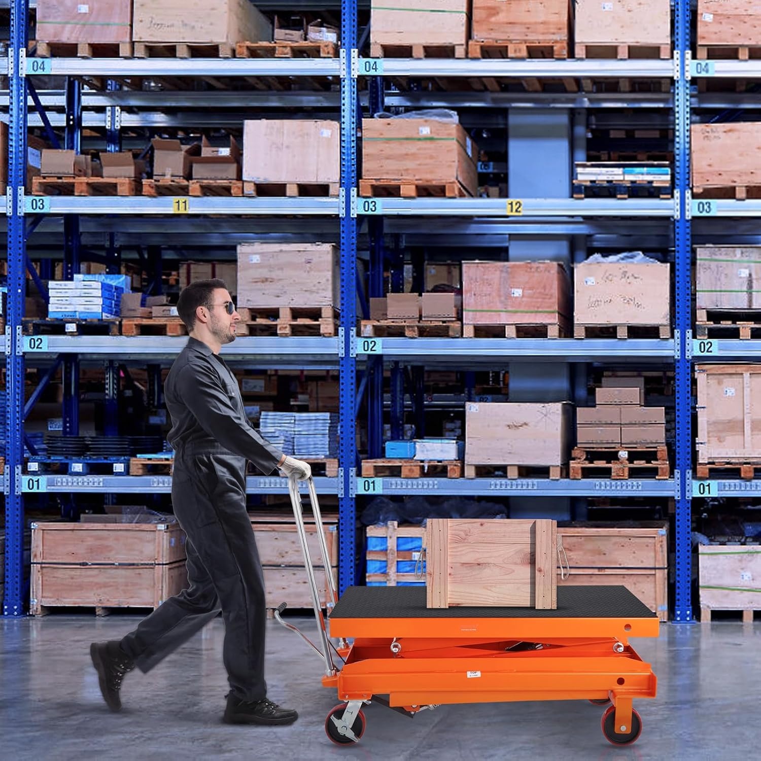 image:imageVEVOR Electric Lift Table 330 lbs Capacity Single Scissor Lift Table 828 in Height Adjustable Lifting Platform Coffee Table Lift with 4 Wheels for Material Handling and Transportation BlackOrange