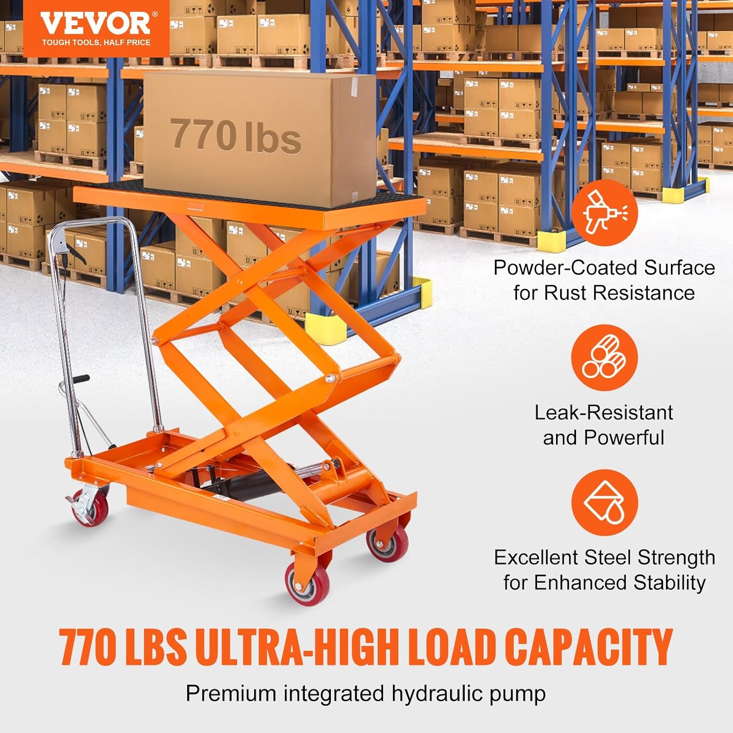 image:imageVEVOR Electric Lift Table 330 lbs Capacity Single Scissor Lift Table 828 in Height Adjustable Lifting Platform Coffee Table Lift with 4 Wheels for Material Handling and Transportation BlackOrange