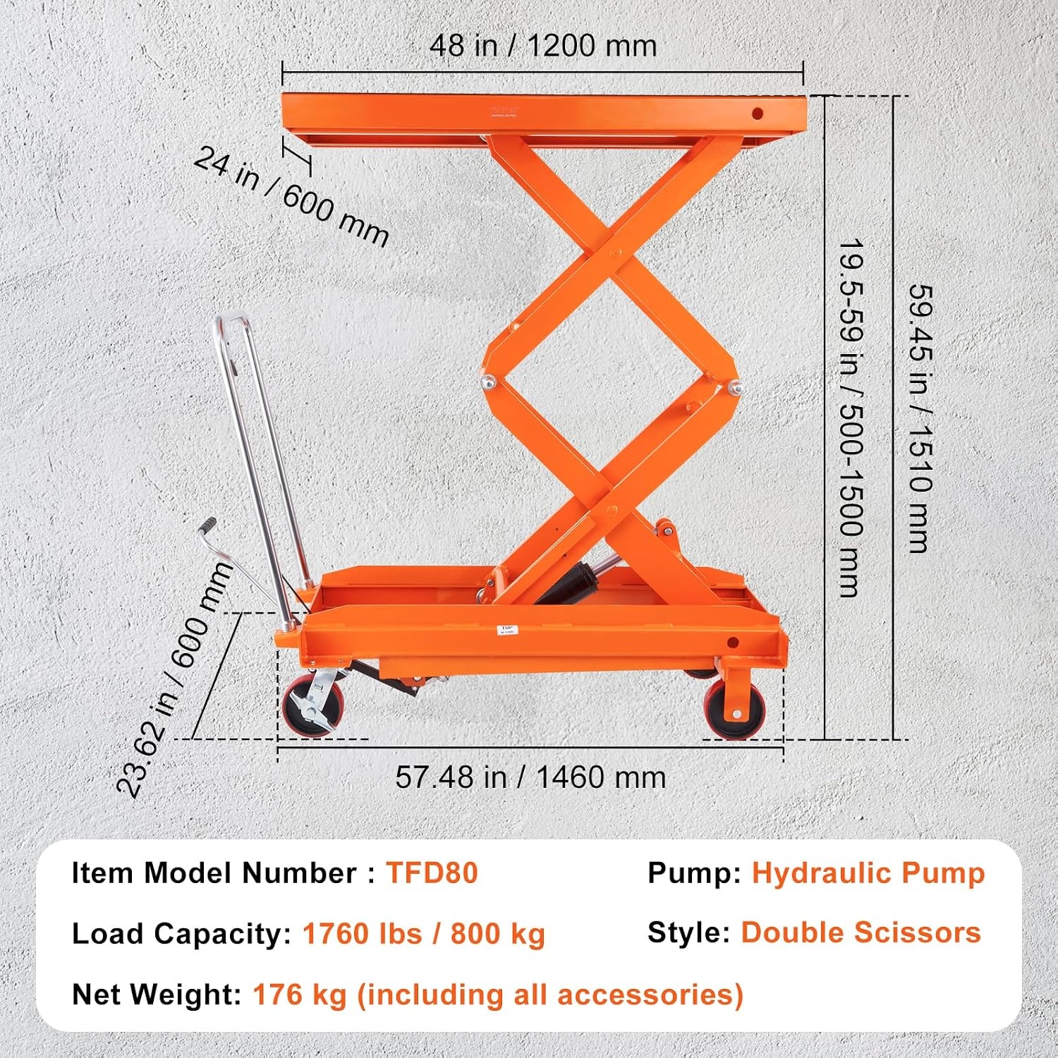 image:imageVEVOR Electric Lift Table 330 lbs Capacity Single Scissor Lift Table 828 in Height Adjustable Lifting Platform Coffee Table Lift with 4 Wheels for Material Handling and Transportation BlackOrange