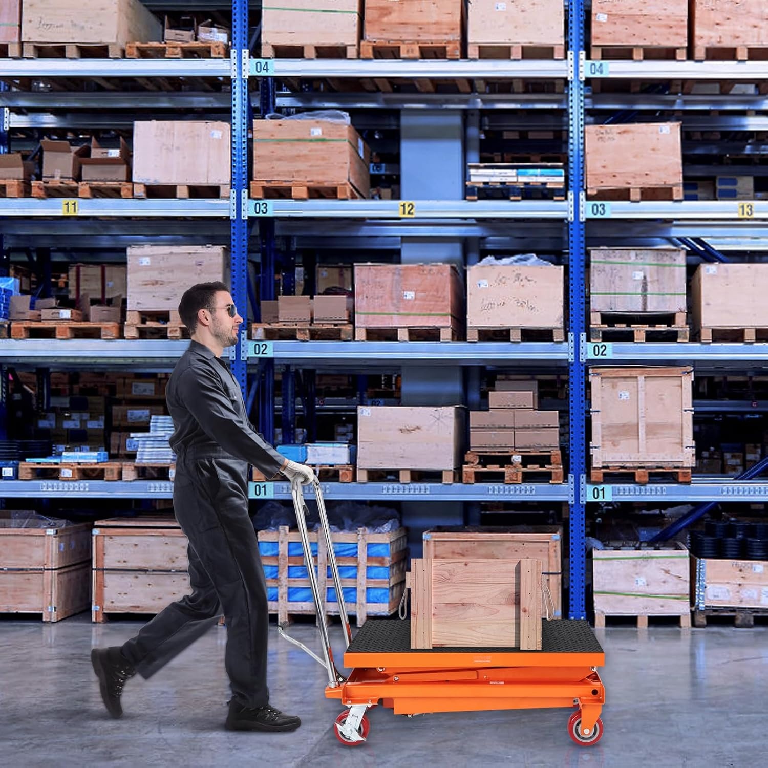 image:imageVEVOR Electric Lift Table 330 lbs Capacity Single Scissor Lift Table 828 in Height Adjustable Lifting Platform Coffee Table Lift with 4 Wheels for Material Handling and Transportation BlackOrange