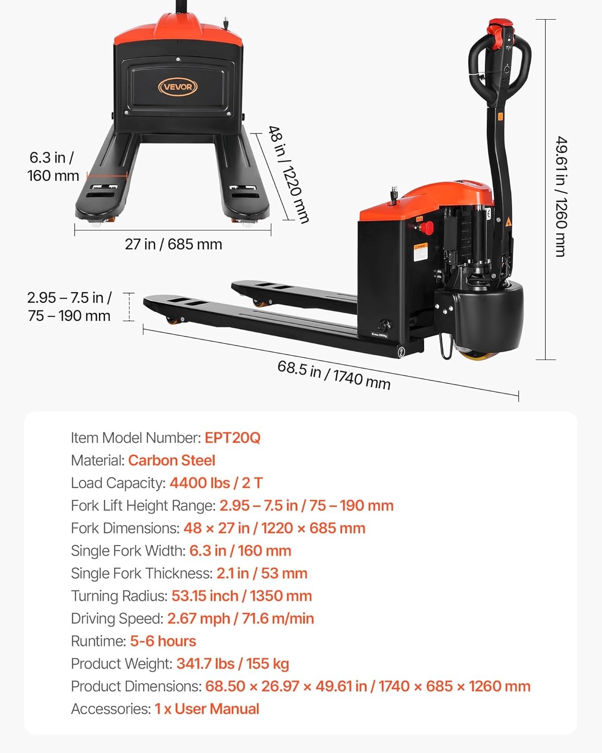 image:imageVEVOR Electric Pallet Jack 4400 lbs Load Capacity Lithium Battery Powered Pallet Jack Truck with 48L x 27W Inch Forks for Material Handling Suitable for Warehouse Supermarket Manufacturing4400 LBS